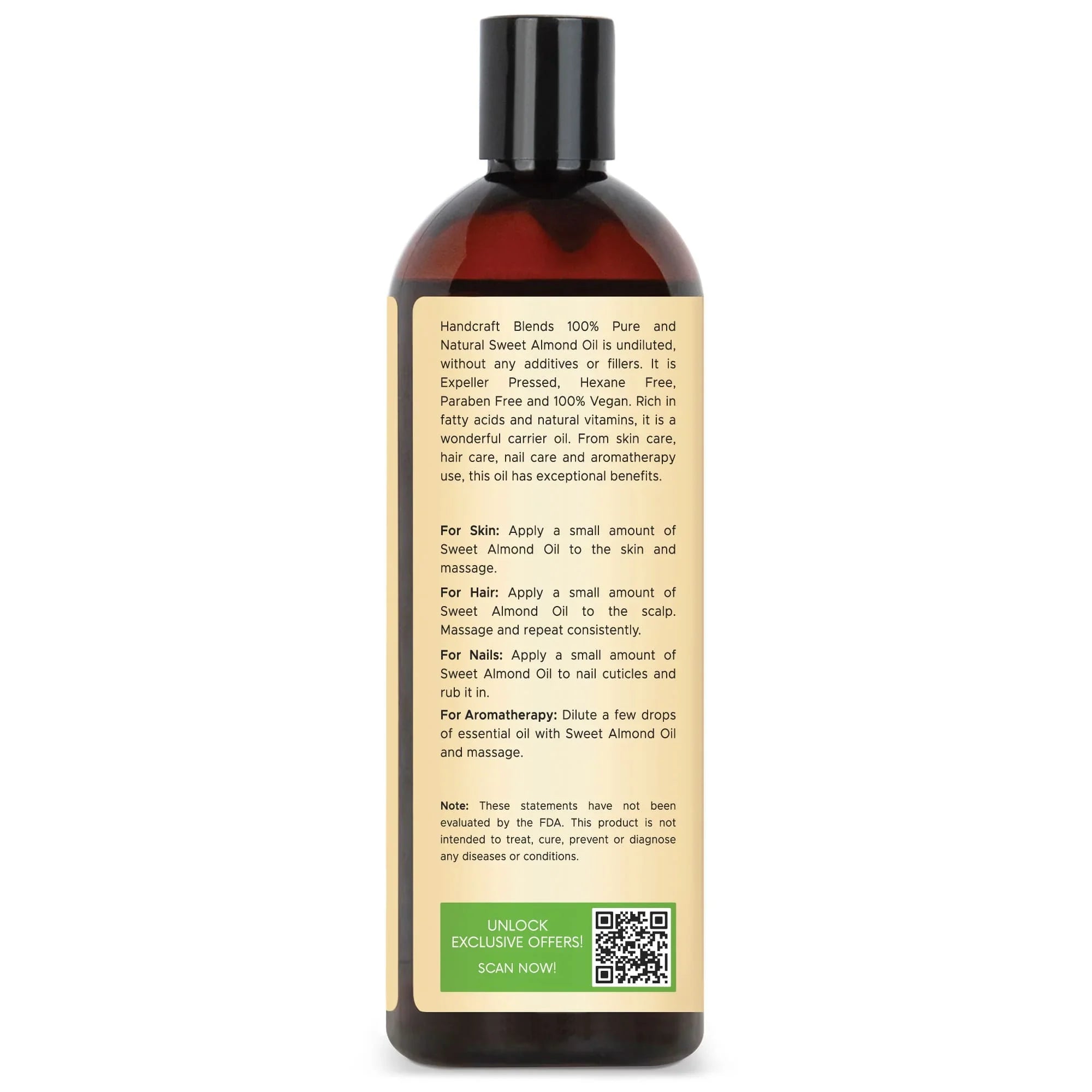 Handcraft Blends sweet almond oil 16oz bottle with product benefits and usage guide on label