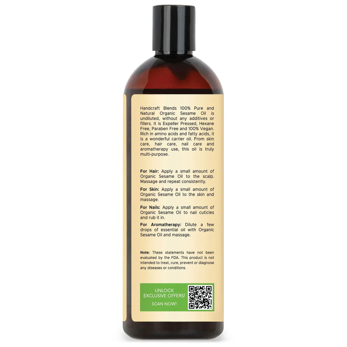 16oz amber bottle of organic sesame oil with detailed usage instructions and QR code on label