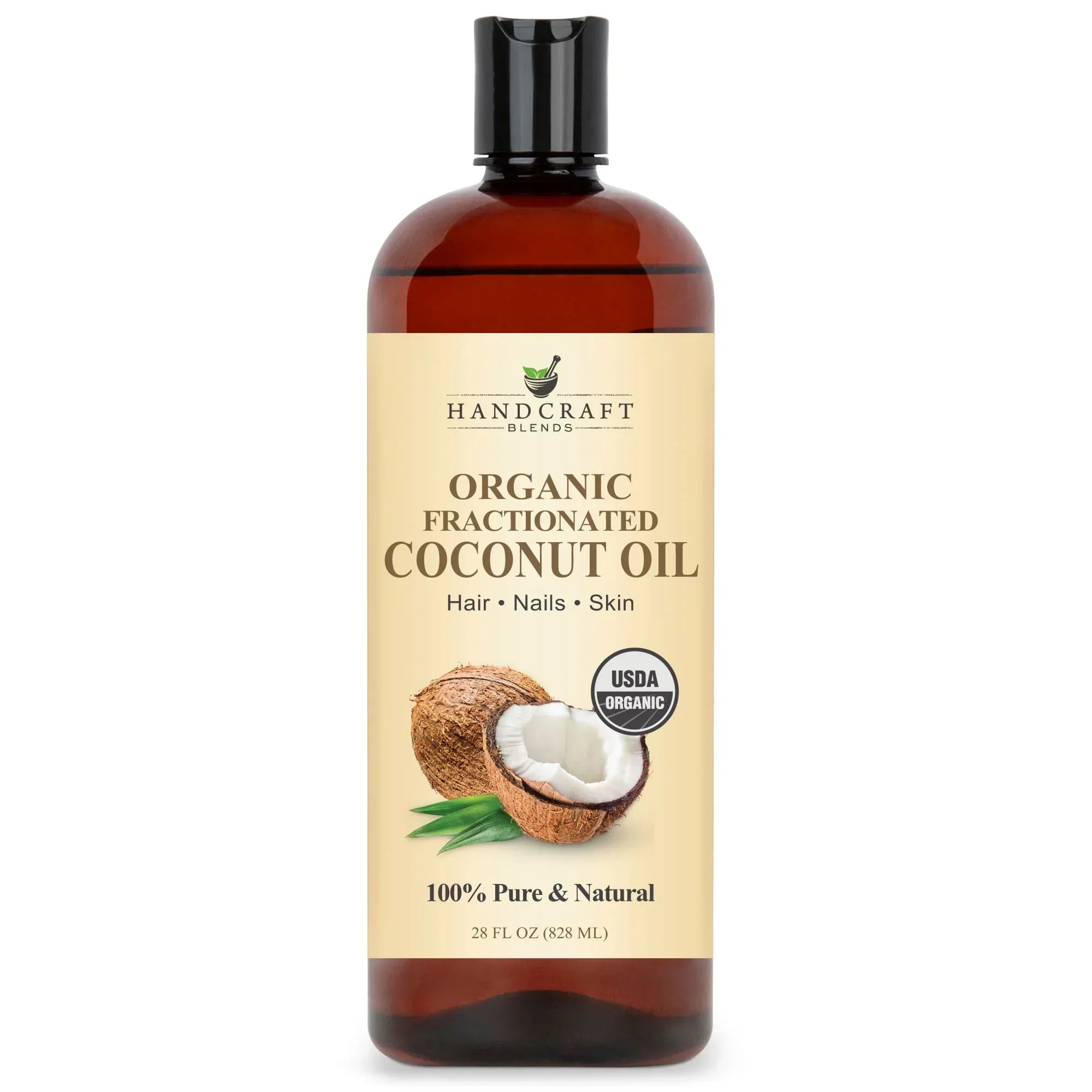 Bottle of organic fractionated coconut oil for hair, nails, and skin, 28oz