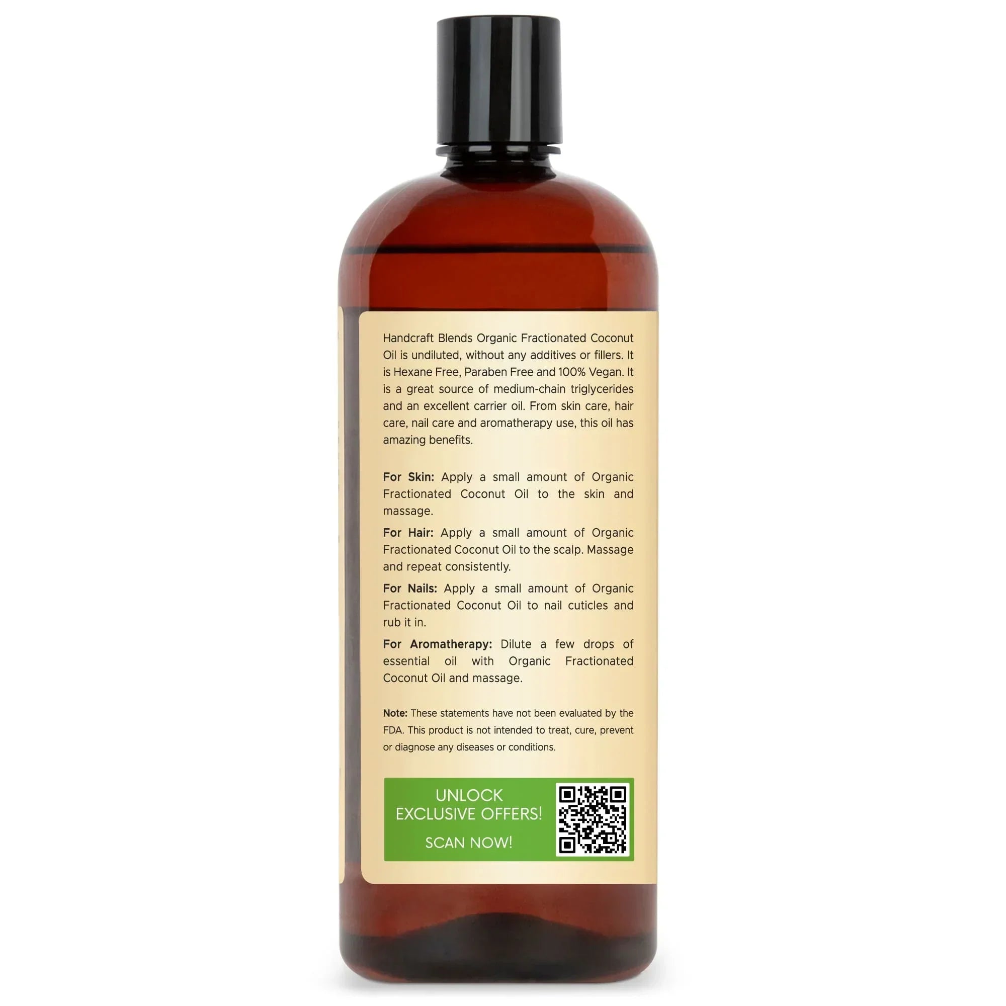 Bottle of organic fractionated coconut oil with ingredient and usage label, 28oz size.