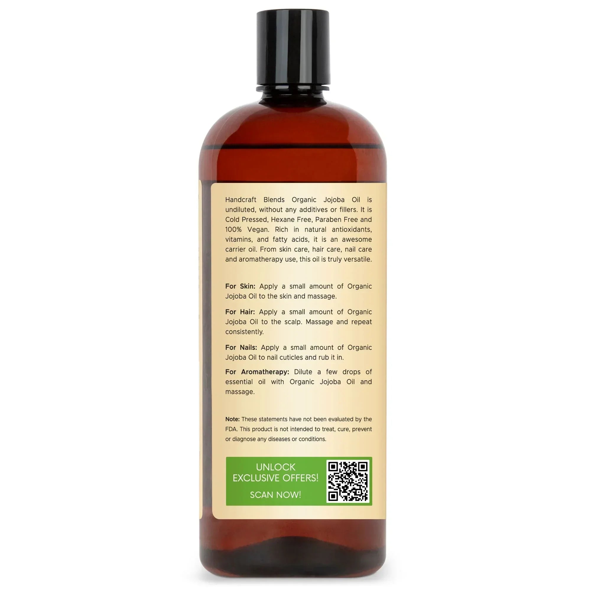 Handcraft Blends Organic Jojoba Oil 28oz bottle with directions and QR code on label