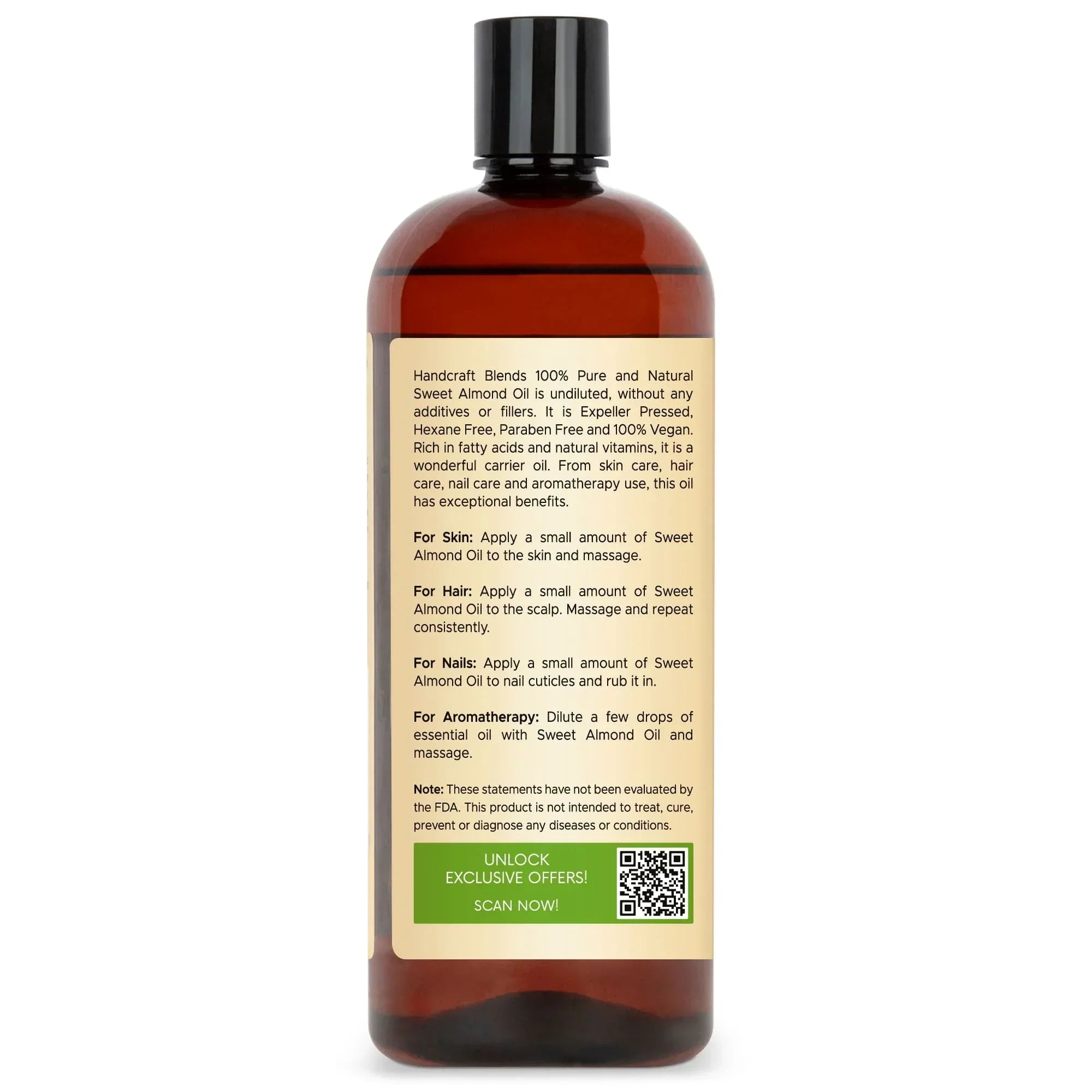Handcraft Blends Sweet Almond Oil bottle with usage instructions and QR code on label
