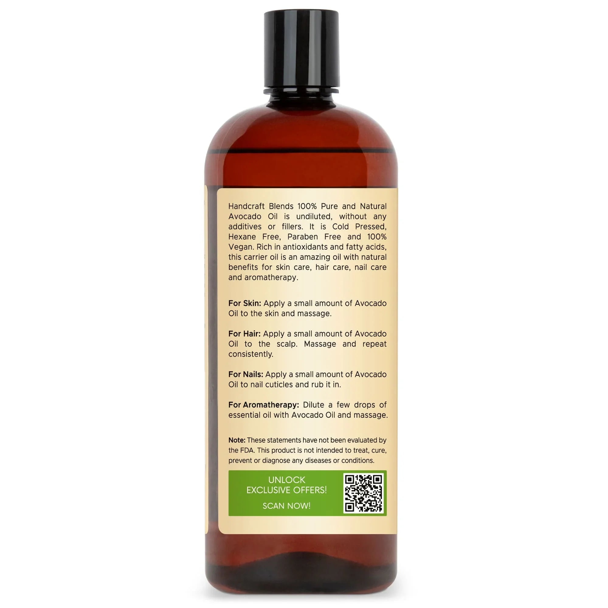 Handcraft Blends avocado oil bottle with usage instructions and QR code for exclusive offers