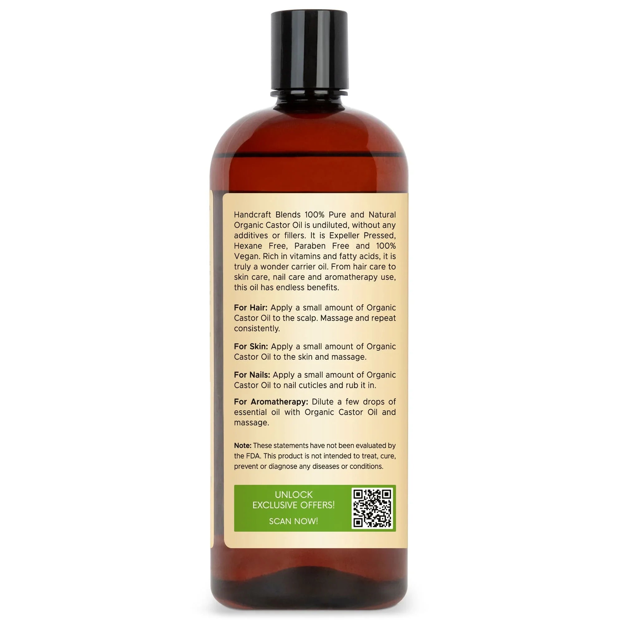 Handcraft Blends organic castor oil 28oz bottle with product usage details on label