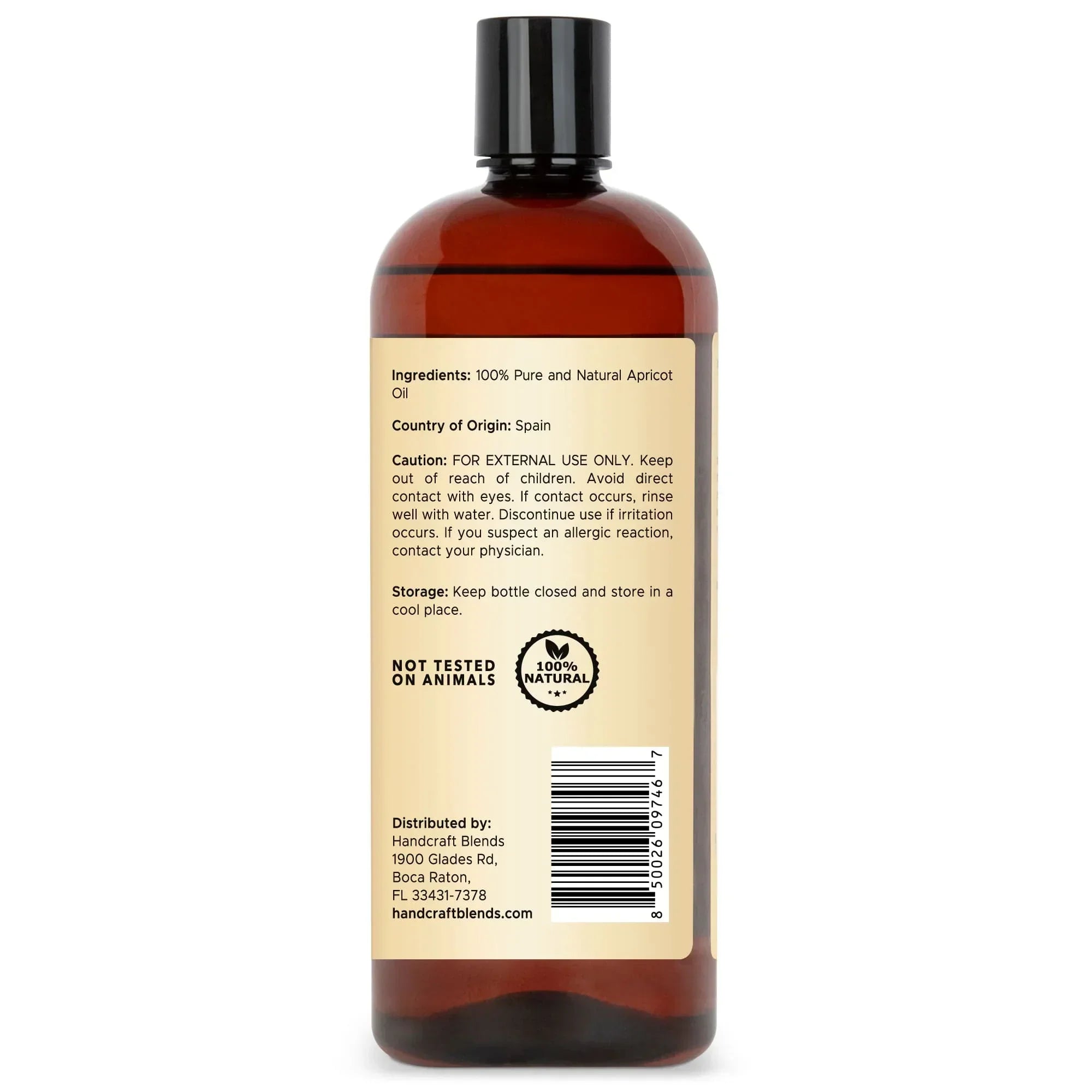 Handcraft Blends 28oz amber bottle of 100% natural apricot oil, labeled for aromatherapy and skin care.