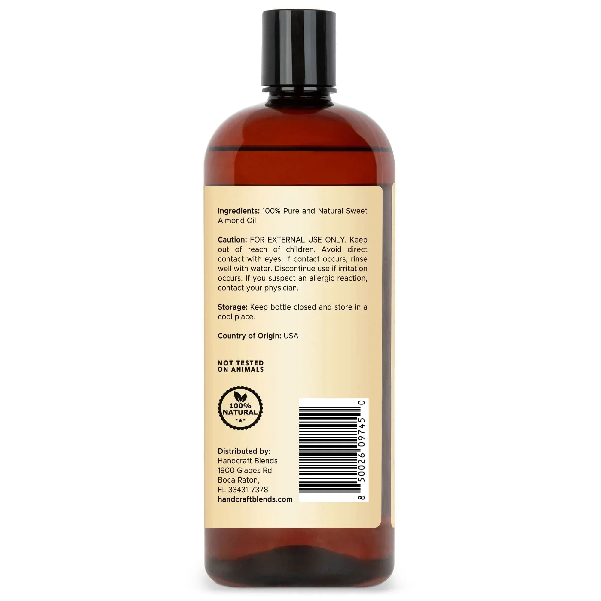 Handcraft Blends Sweet Almond Oil bottle, natural carrier oil, label with usage and ingredients
