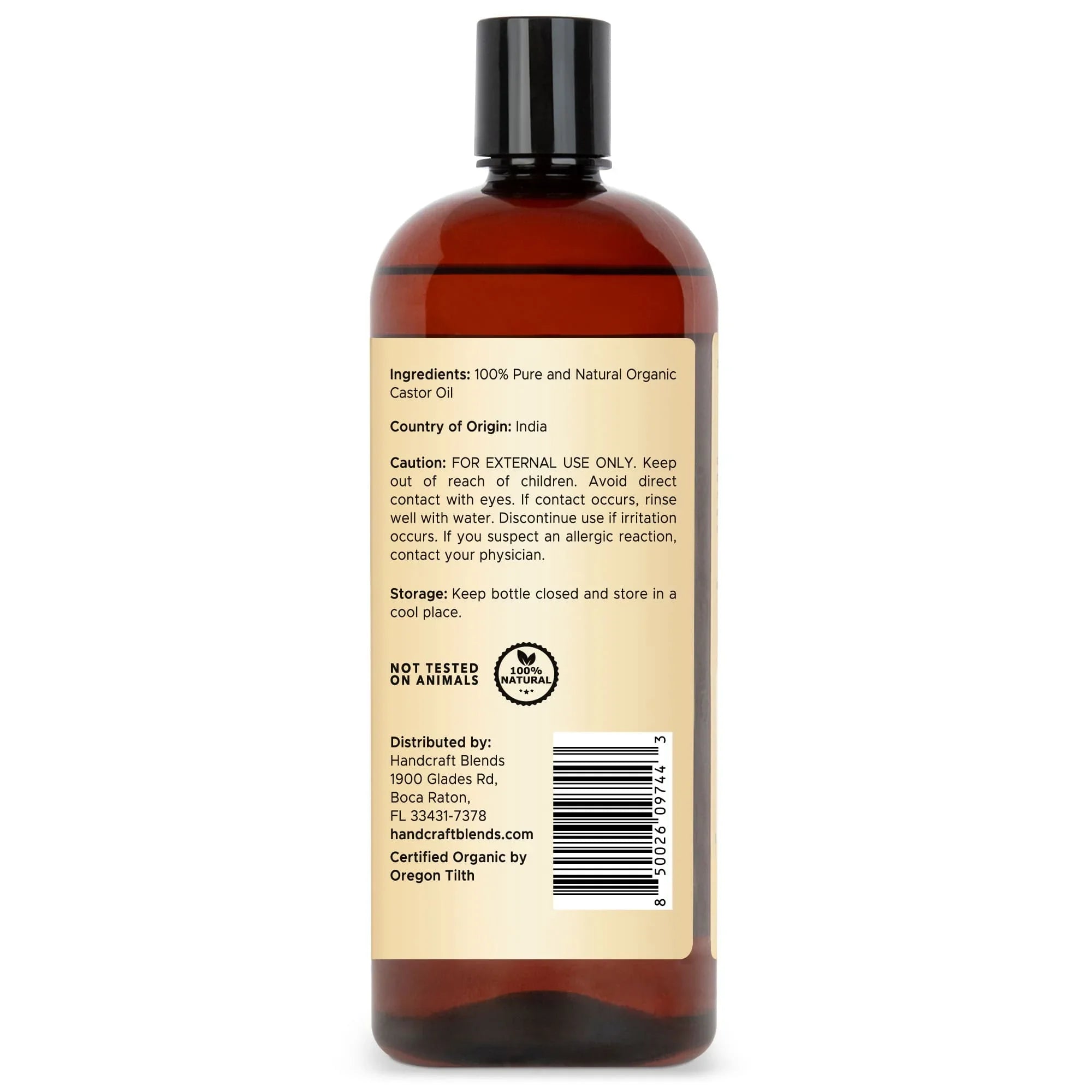 Handcraft Blends organic castor oil bottle with ingredient and usage details on back label