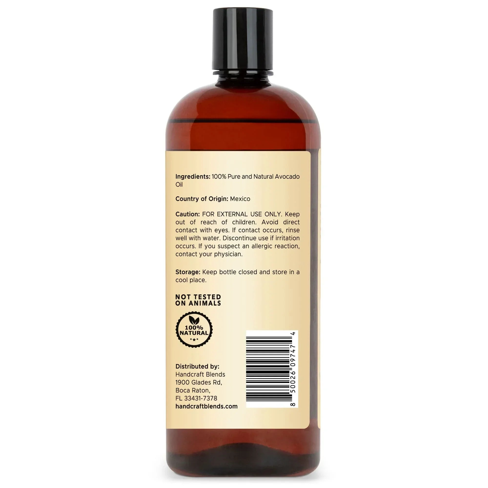 Handcraft Blends avocado oil bottle with ingredient label, barcode, and cruelty-free mark