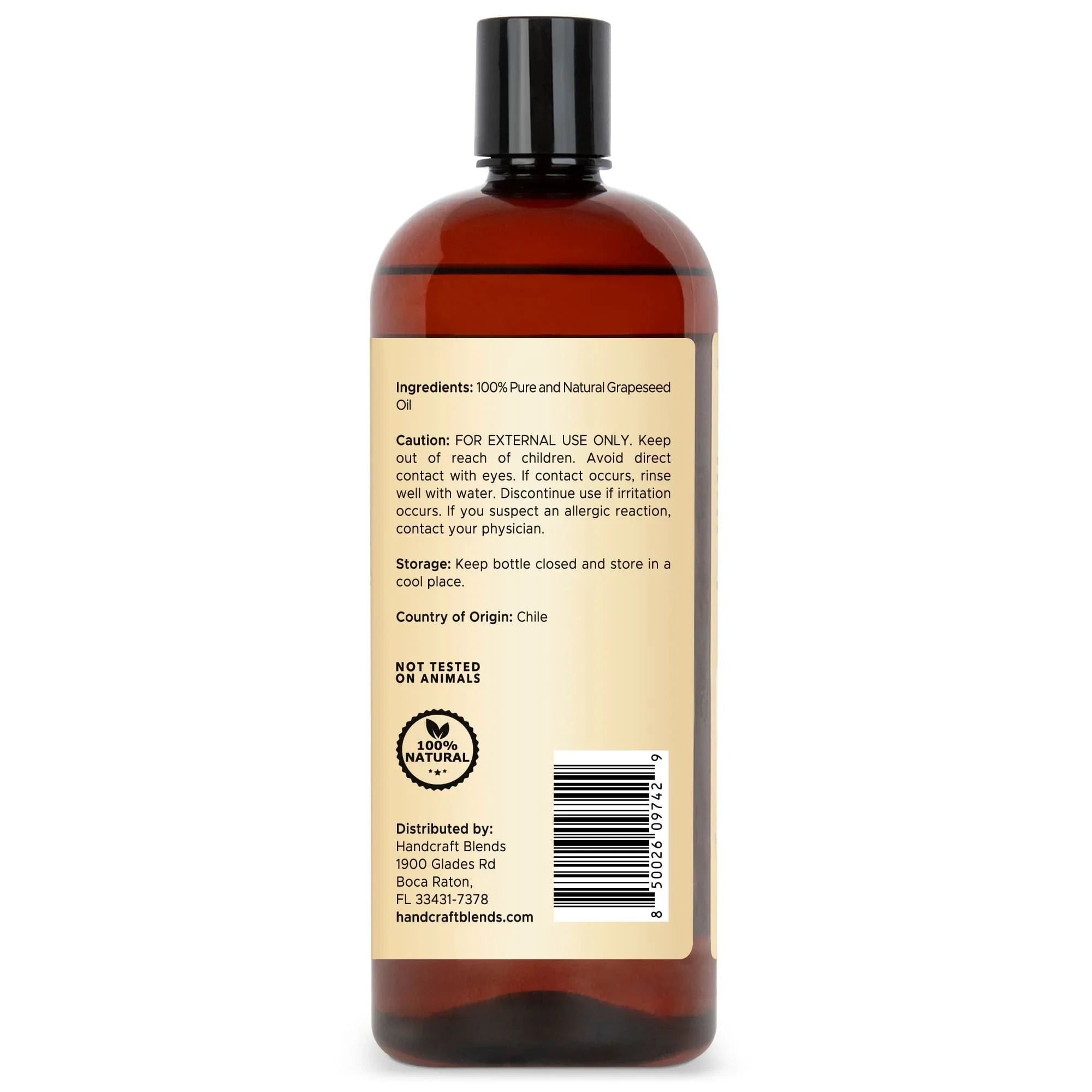 Handcraft Blends 28oz amber bottle of pure grapeseed oil with product label and barcode