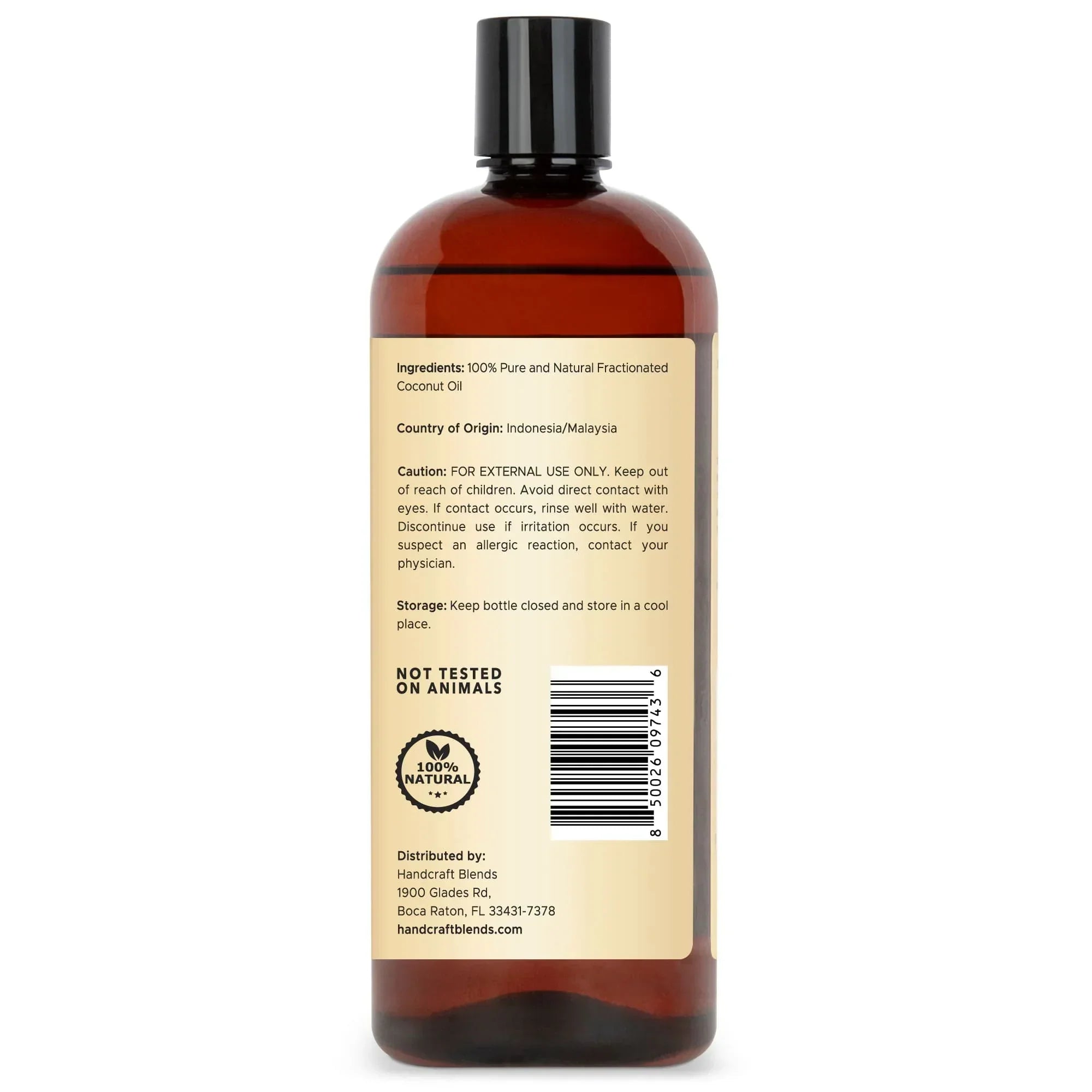 Handcraft Blends fractionated coconut oil 28oz bottle with ingredient and caution label