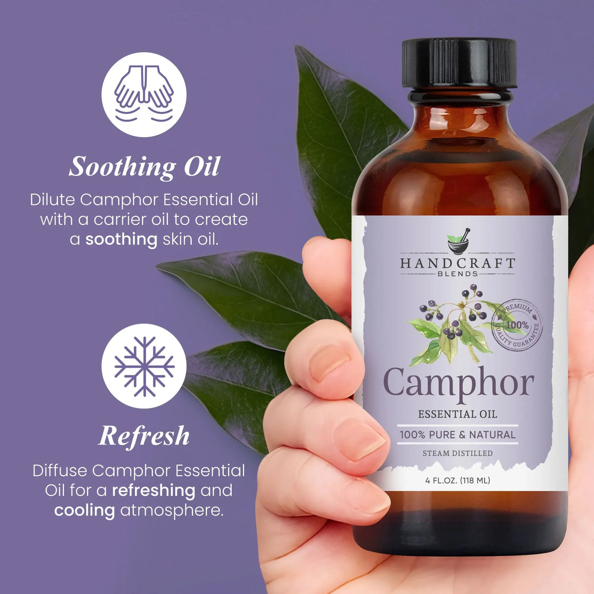 Hand holding a 4 oz bottle of camphor essential oil with leaves and soothing, refreshing benefits text.