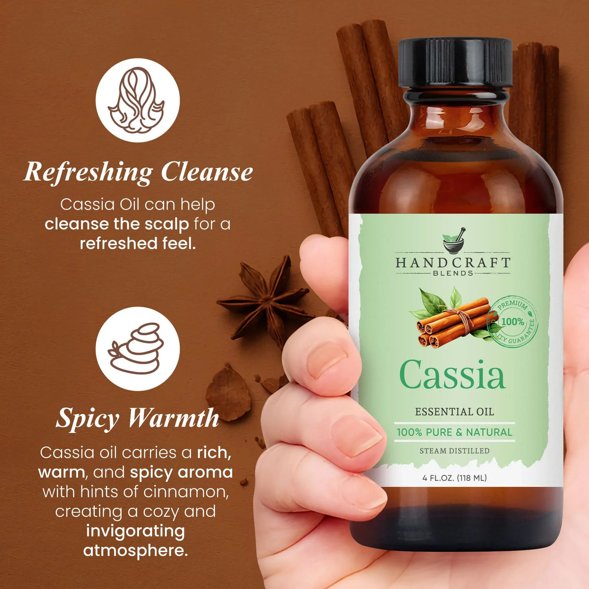 Cassia essential oil bottle held in hand with cinnamon sticks, star anise, and product benefits text.