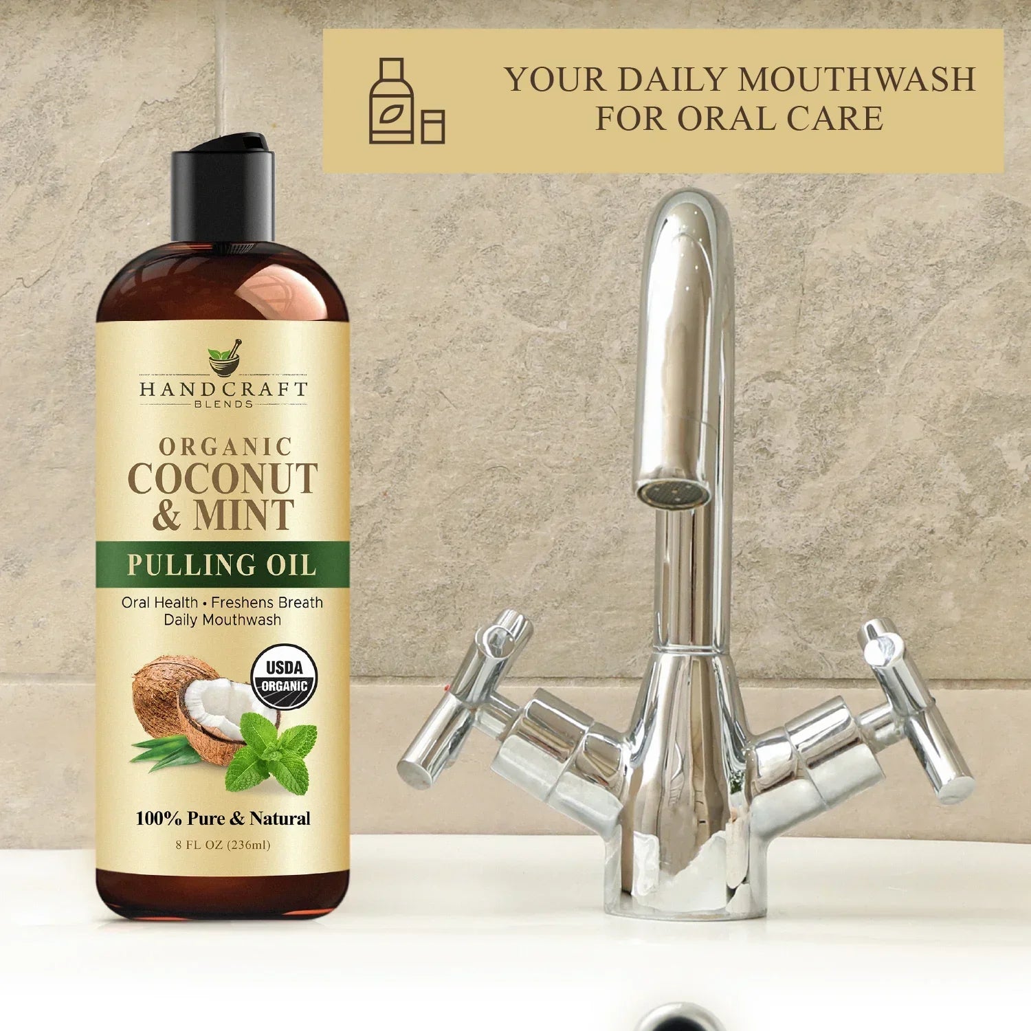 Organic coconut and mint pulling oil mouthwash bottle beside a bathroom sink faucet for oral care
