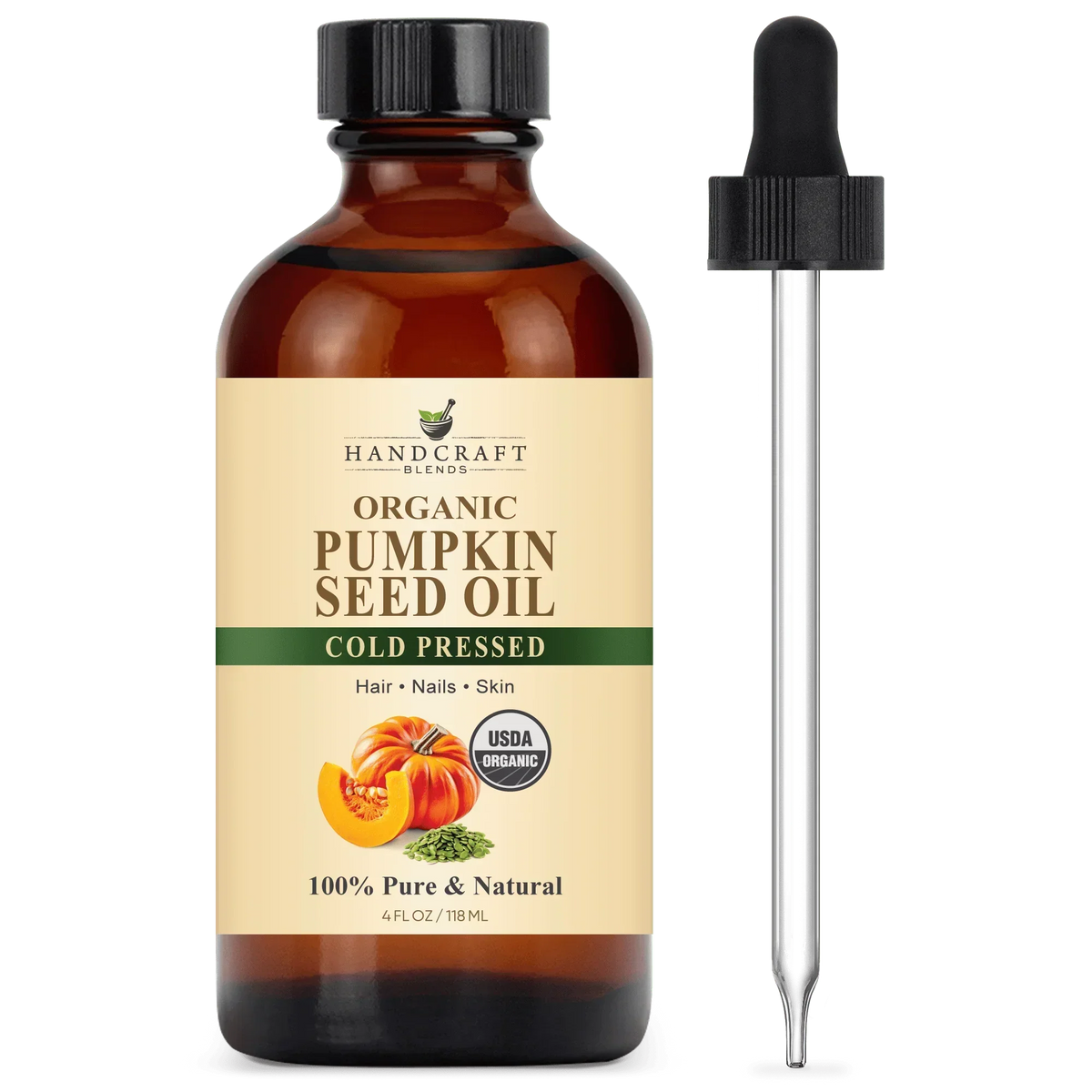 Organic pumpkin seed oil cold pressed in amber glass bottle with dropper, 4oz, USDA certified