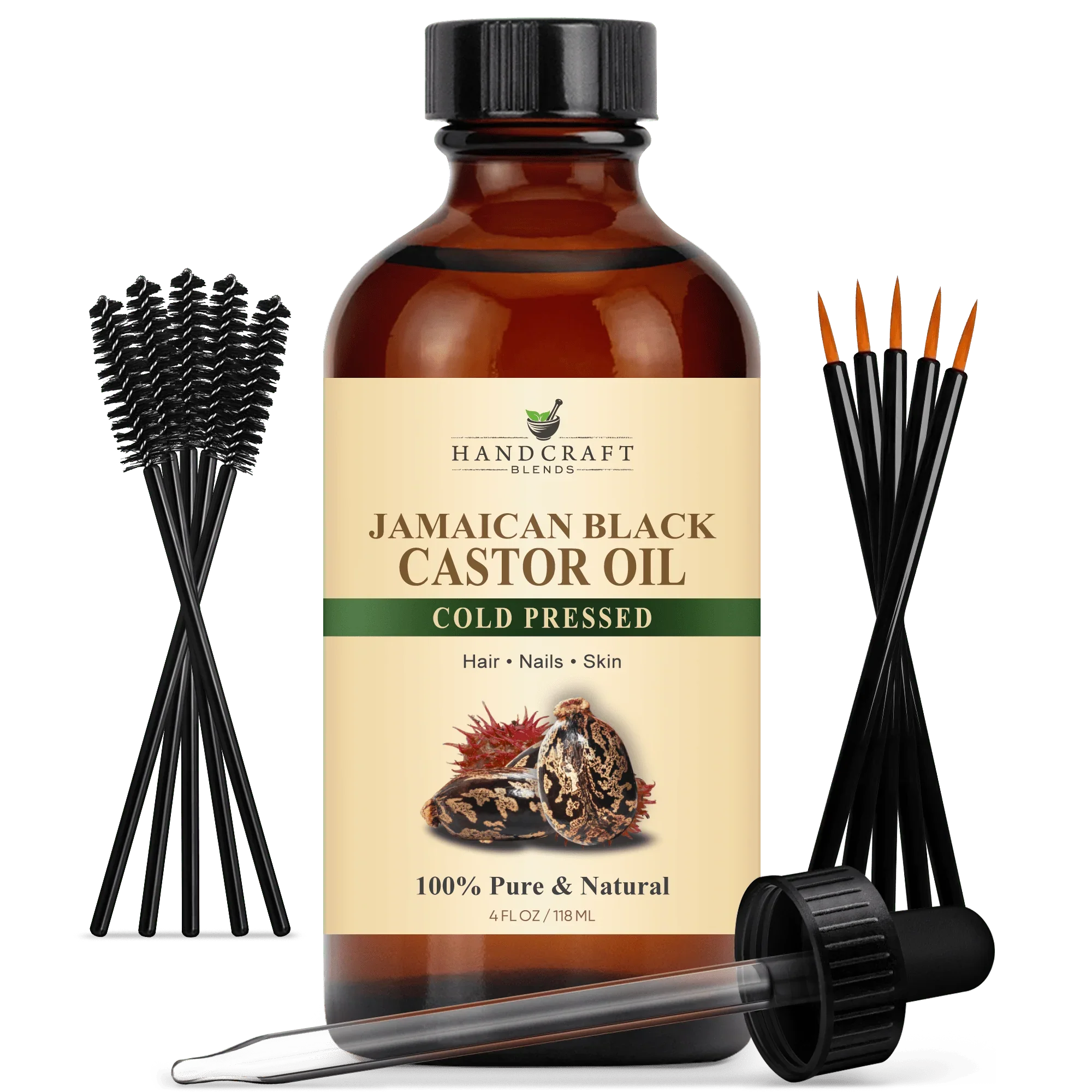 Jamaican Black Castor Carrier Oil in Glass Bottle with Lash Brushes