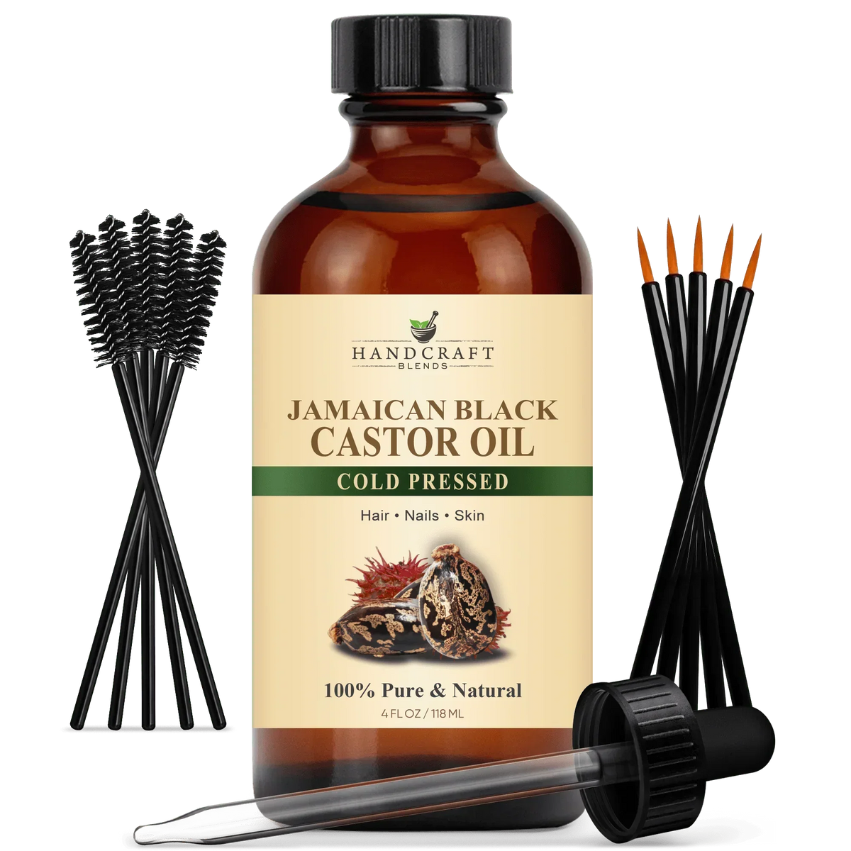 Jamaican black castor oil 4oz bottle with mascara brushes and dropper, cold pressed, for hair, nails, skin