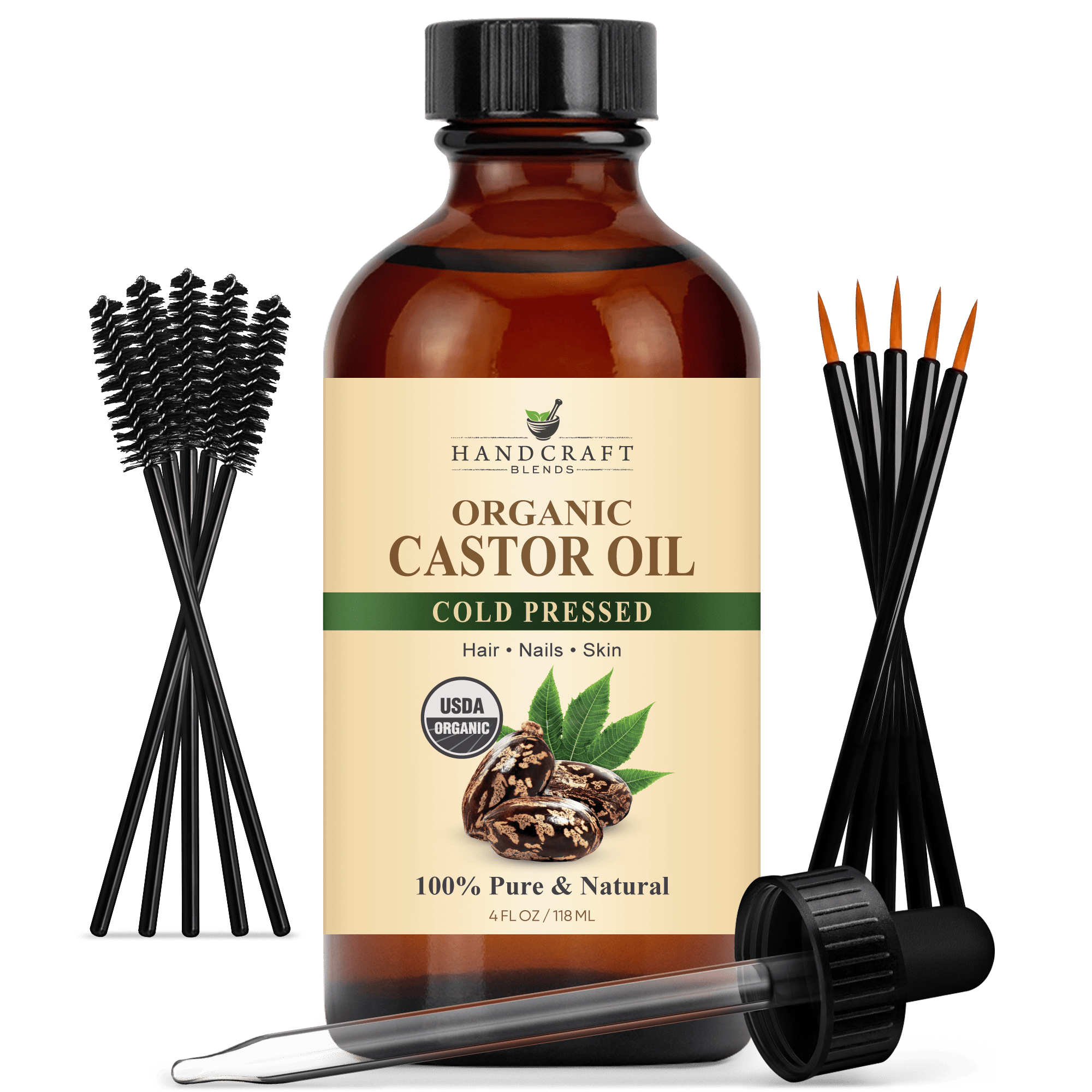 Organic Castor Carrier Oil in Glass Bottle with Lash Brushes
