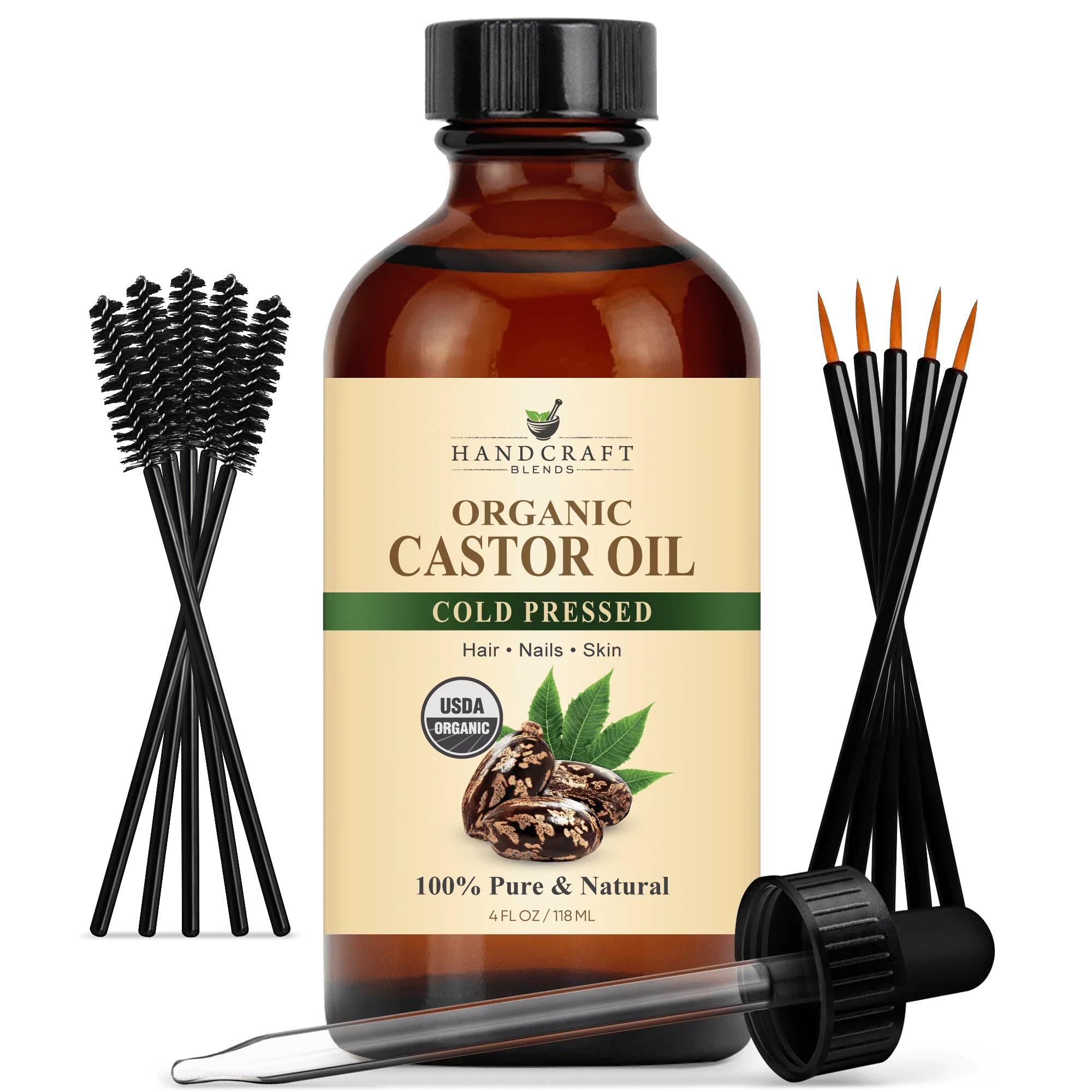 Organic Castor Carrier Oil in Glass Bottle with Lash Brushes