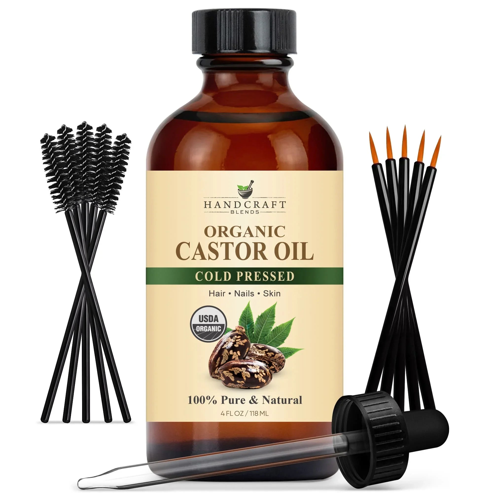 Organic Castor Carrier Oil in Glass Bottle with Lash Brushes