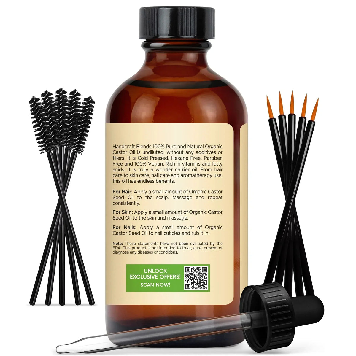 Glass bottle of organic castor oil with dropper, mascara wands, and detail brushes for beauty care