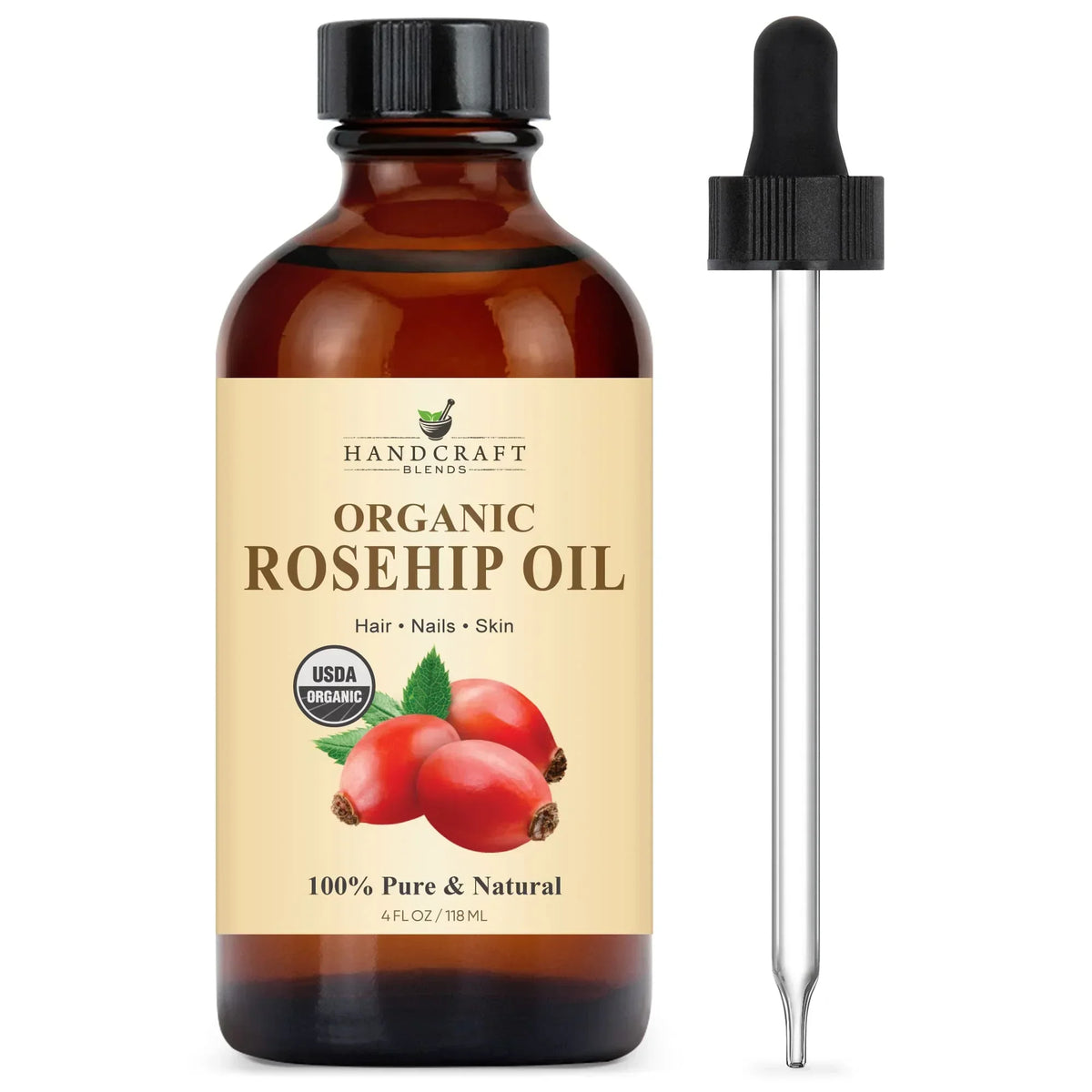 4oz amber glass bottle of organic rosehip oil with dropper for skin and hair care
