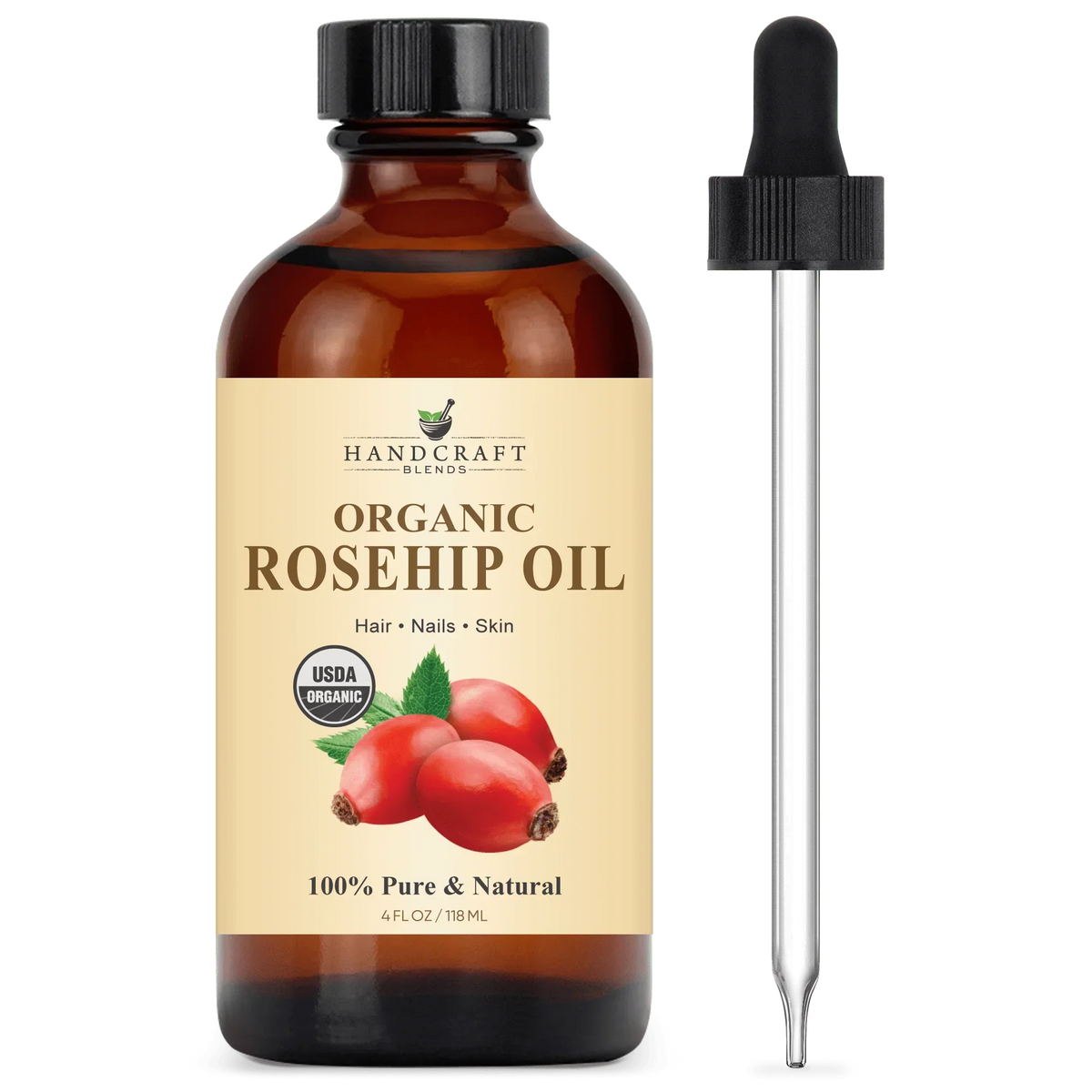 Amber glass bottle of organic rosehip oil with dropper, 4oz, for hair, nails, skin care.