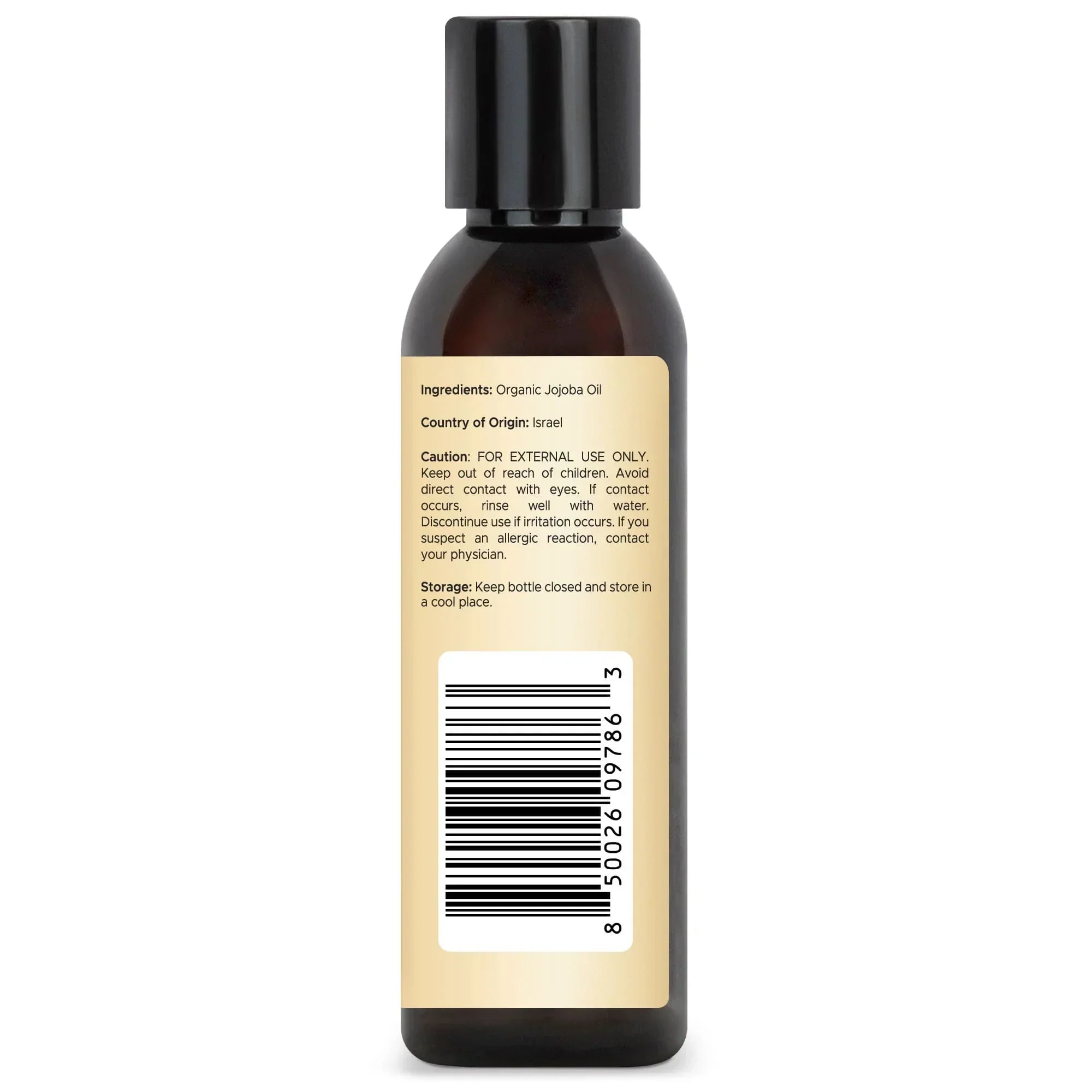 Handcraft Blends jojoba oil bottle showing ingredients, caution, and barcode on label