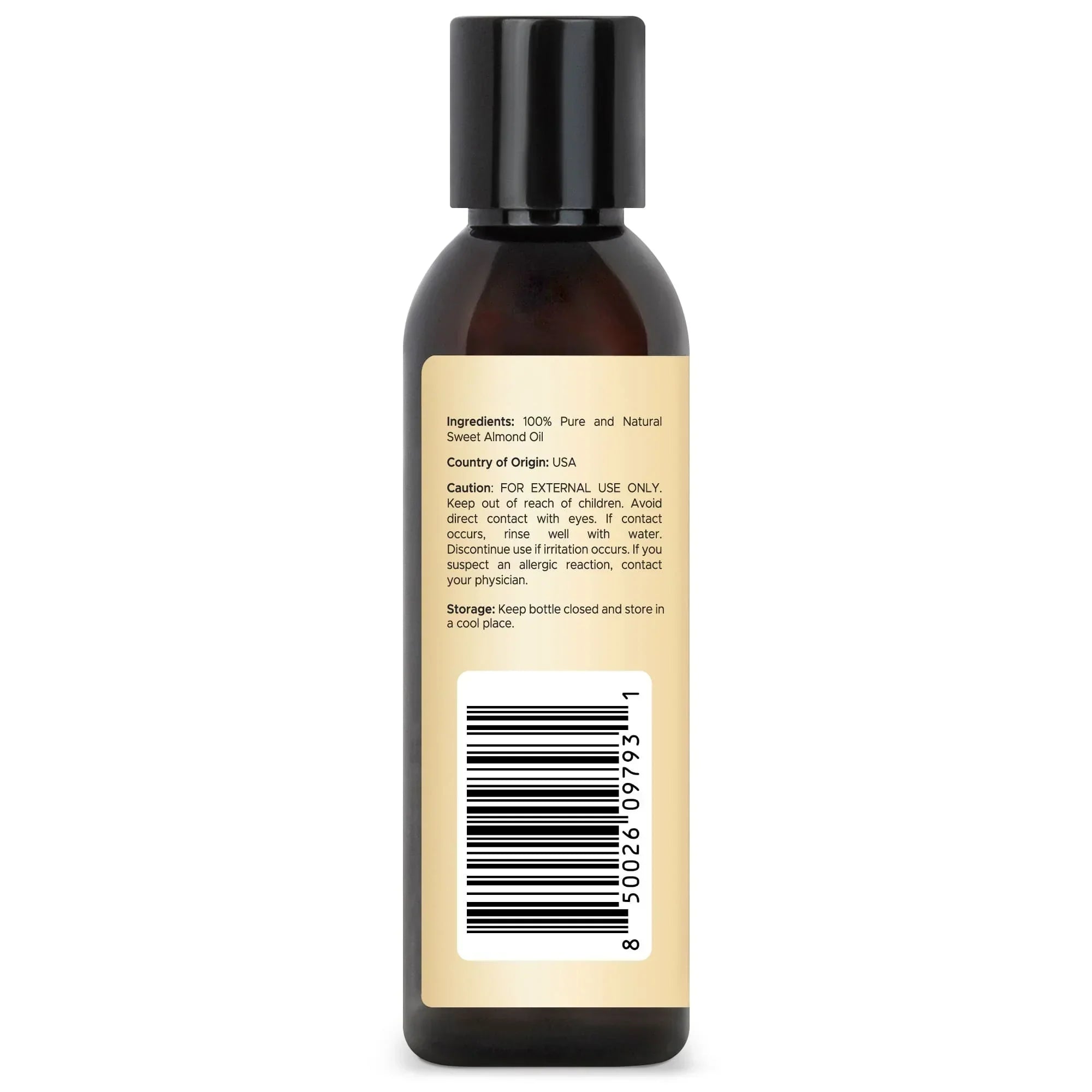 Back label of Handcraft Blends sweet almond oil bottle showing ingredients and barcode