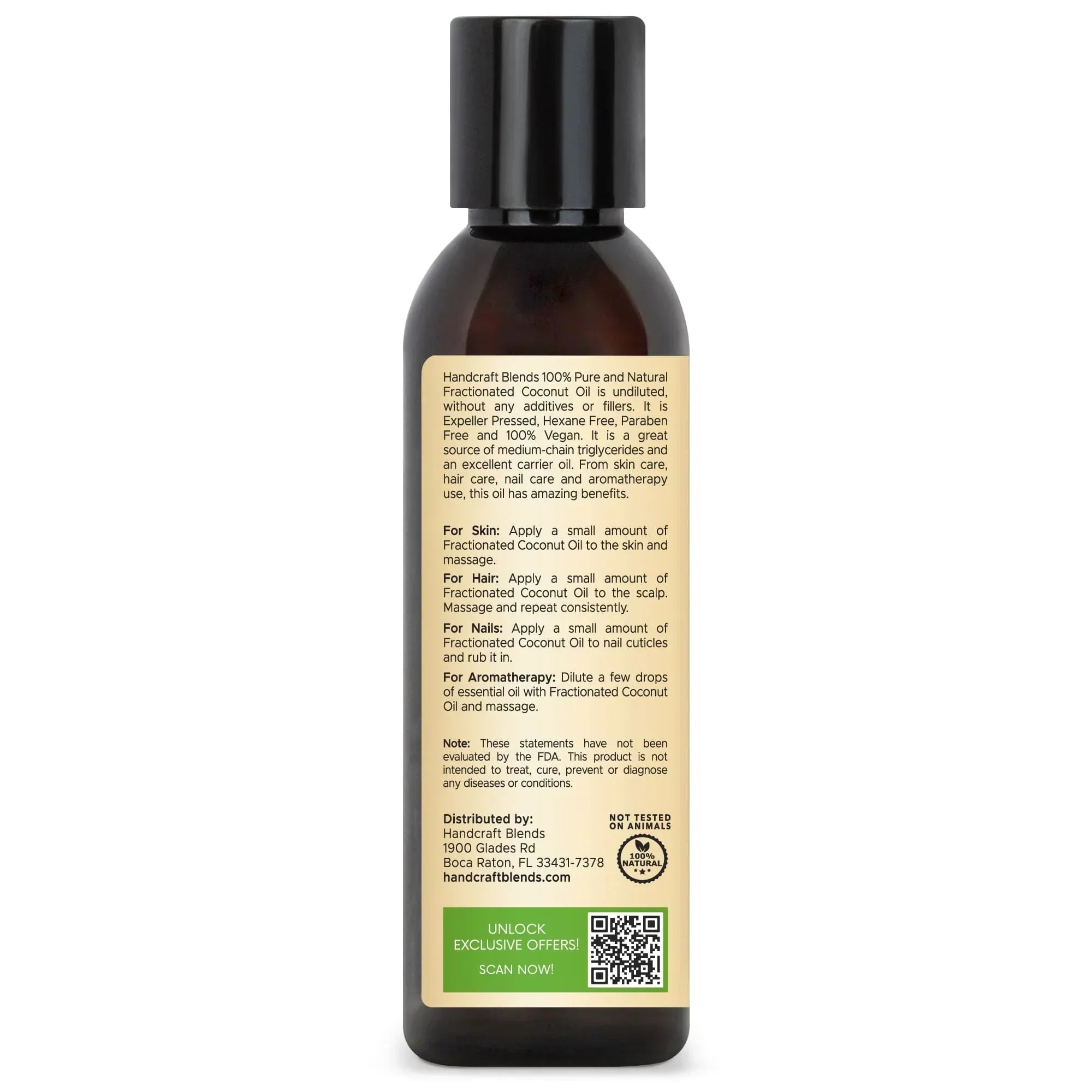 Handcraft Blends fractionated coconut oil bottle showing label with product details and usage instructions