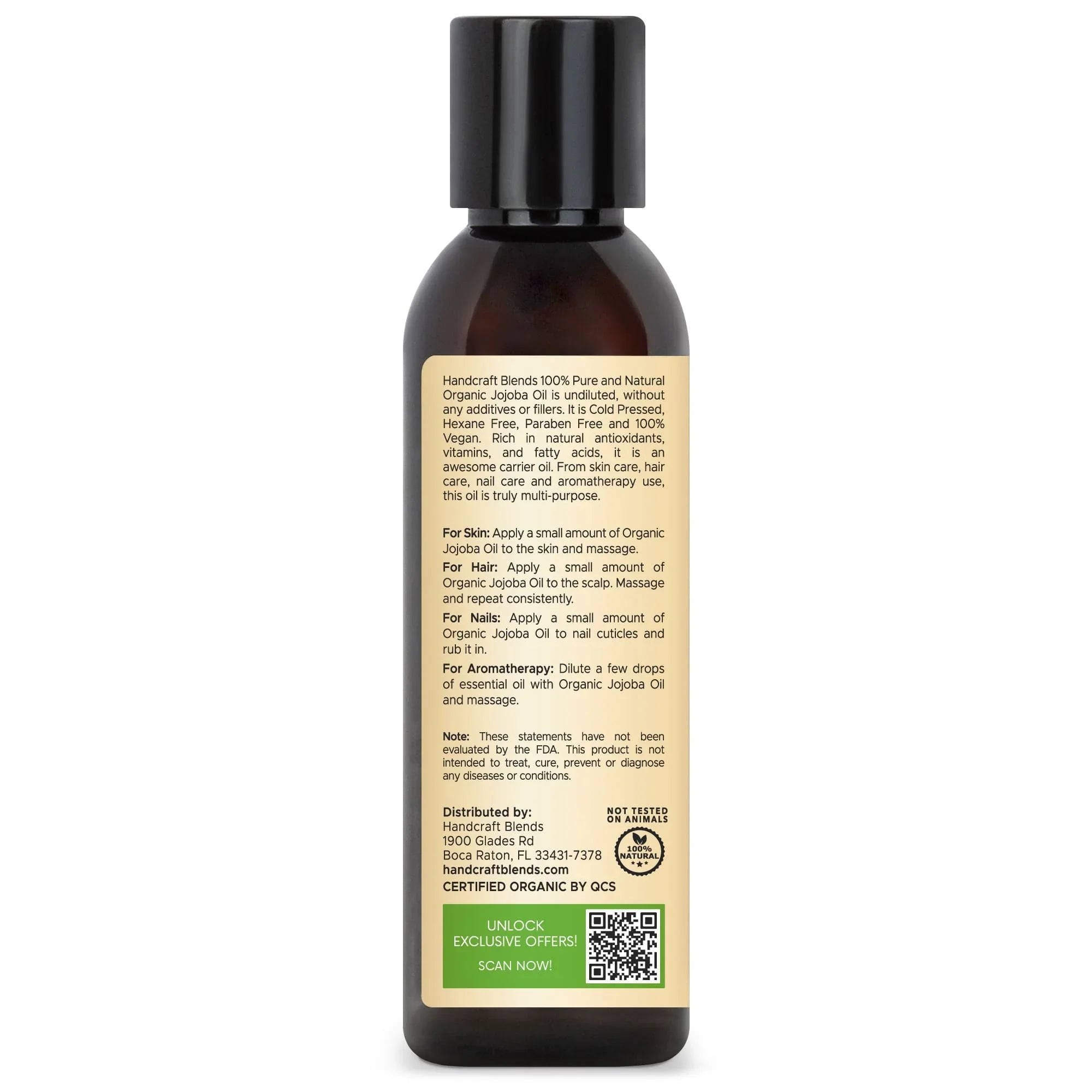 Handcraft Blends organic jojoba oil bottle with product label, carrier oil for skin, hair, nails, aromatherapy