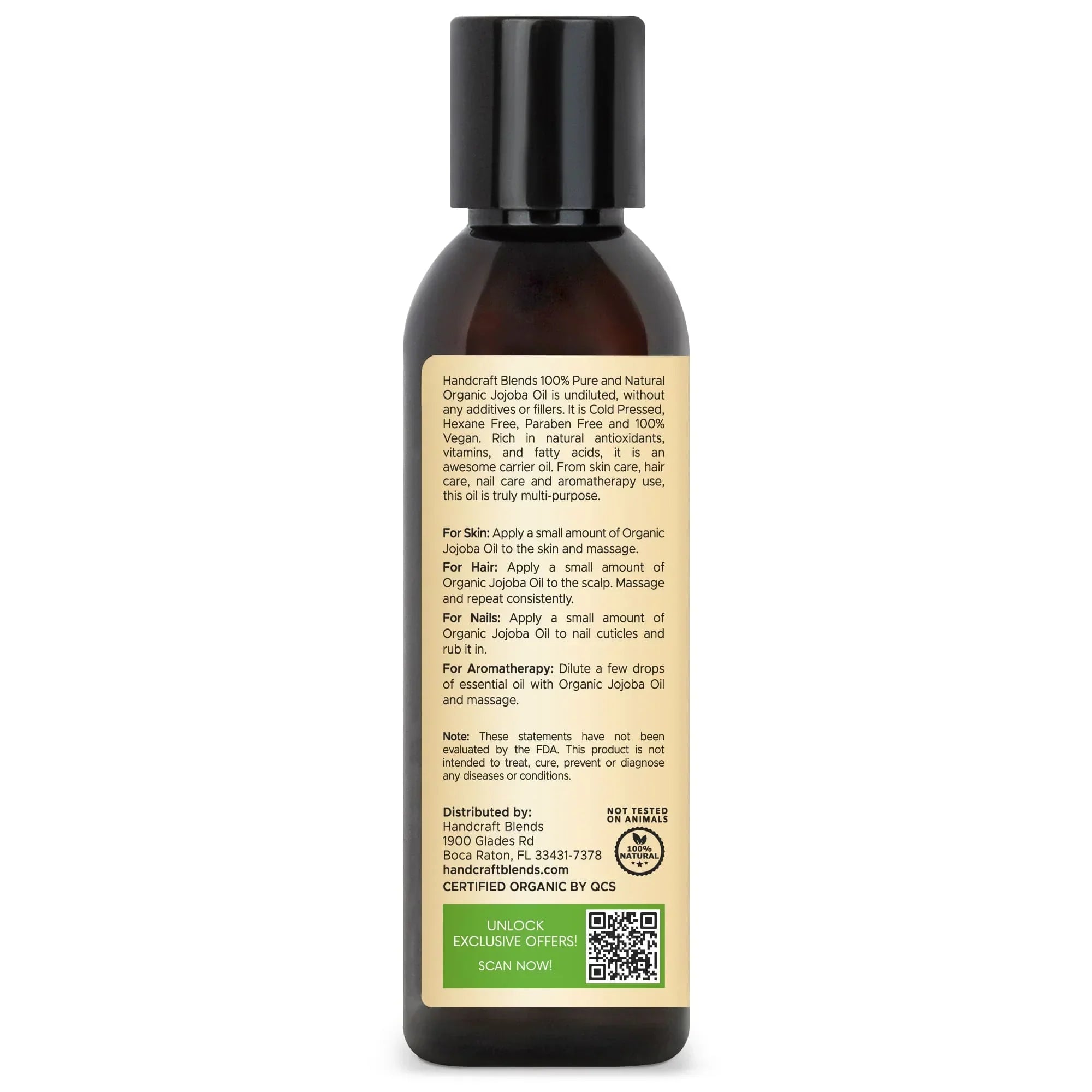 Handcraft Blends organic jojoba oil bottle with product label, carrier oil for skin, hair, nails, aromatherapy