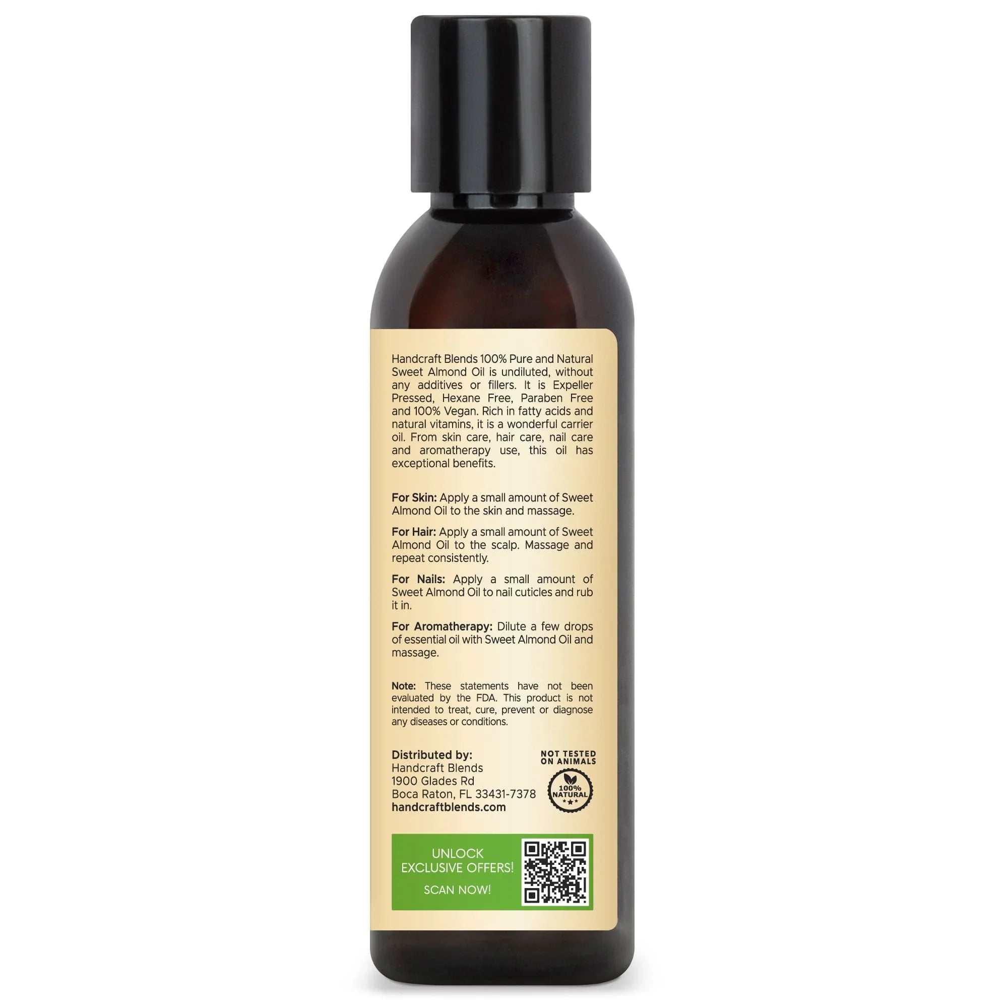 Handcraft Blends Sweet Almond Oil 4oz bottle with detailed label for skin, hair, aromatherapy use