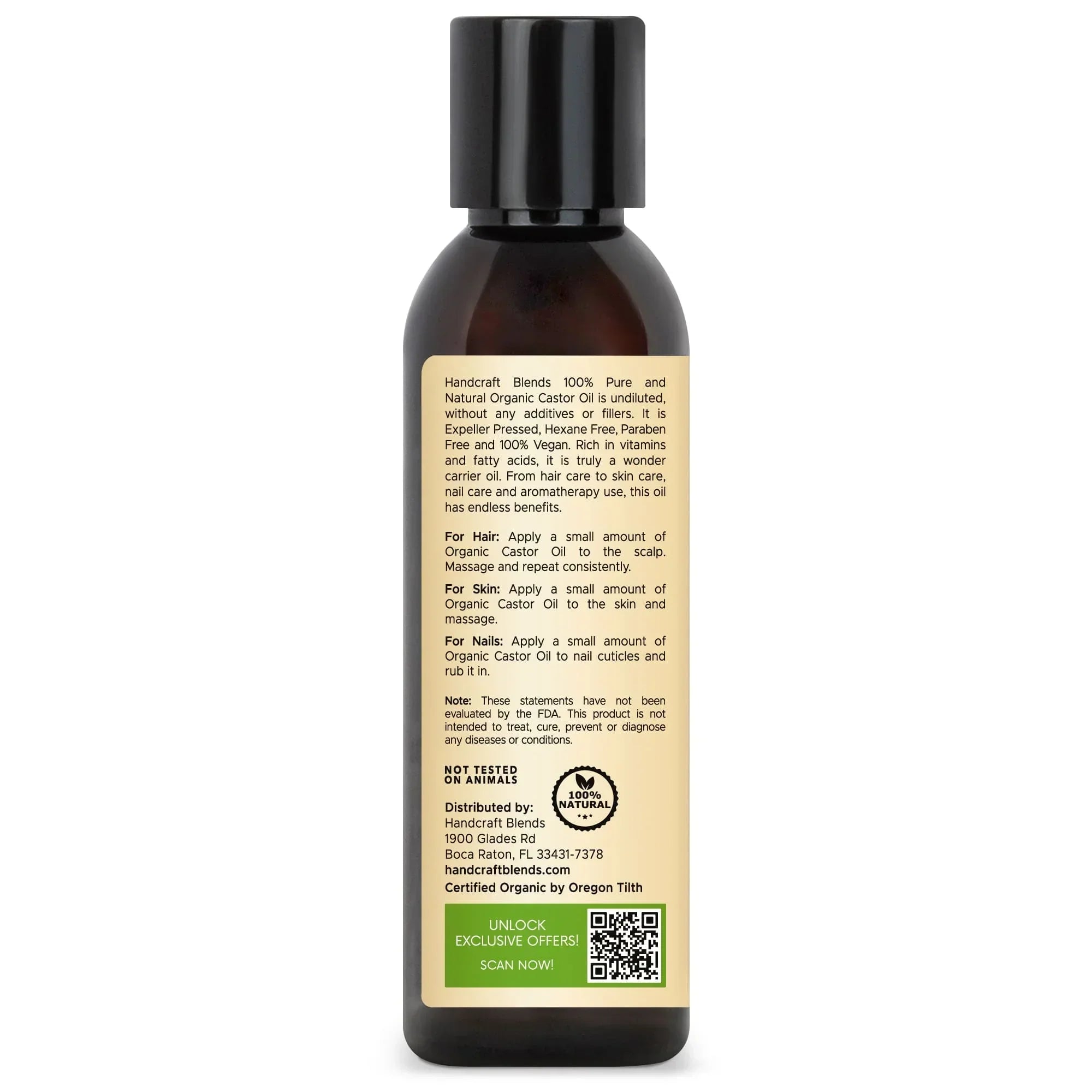 Handcraft Blends organic castor oil 4oz bottle with usage instructions and natural oil details