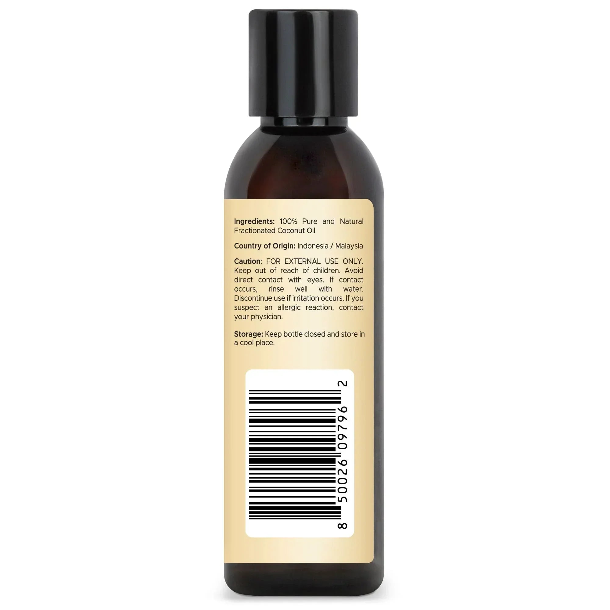 4oz bottle of Handcraft Blends fractionated coconut oil, ingredient and barcode label visible