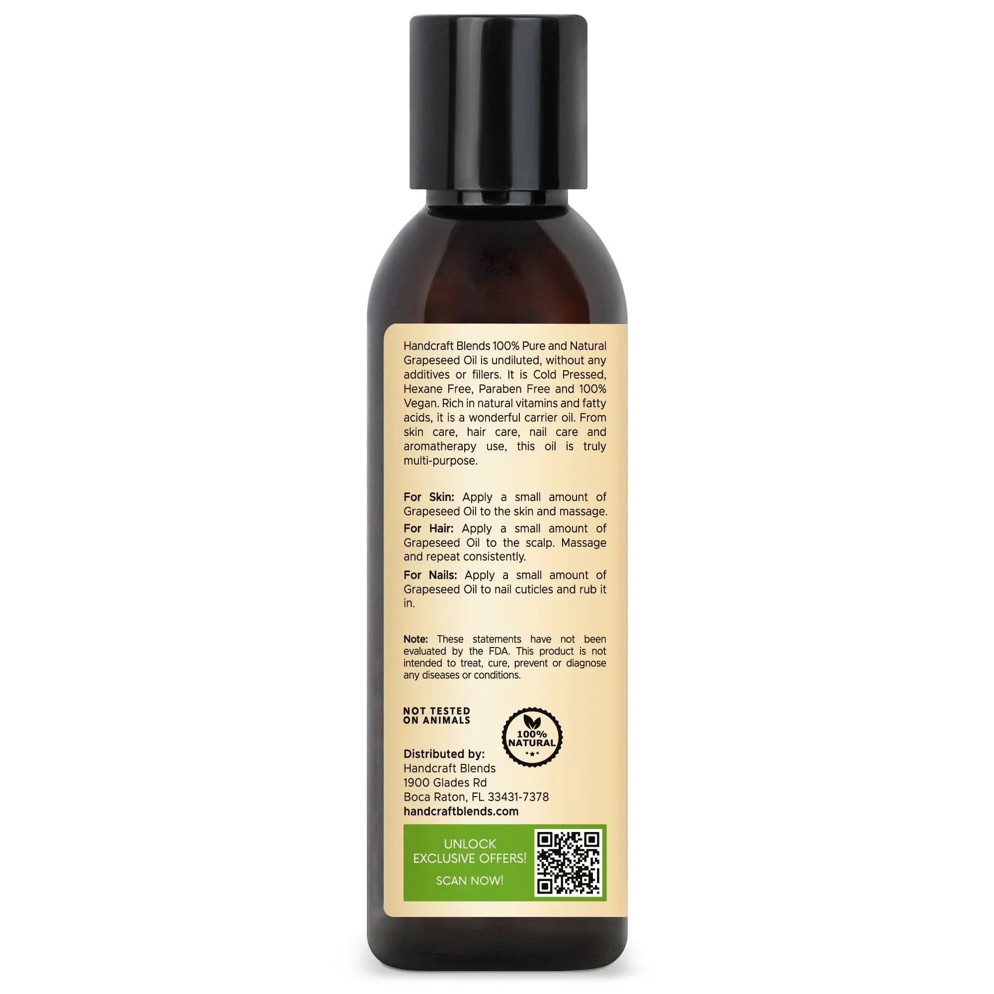 Handcraft Blends 4oz grapeseed oil bottle with product details and natural carrier oil uses.