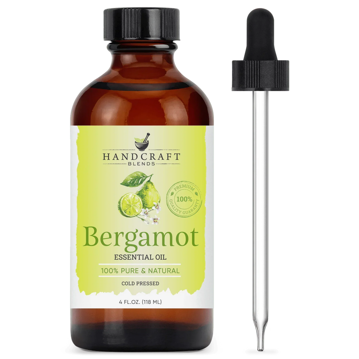 Amber bottle of bergamot essential oil with dropper, labeled 100% pure and natural.