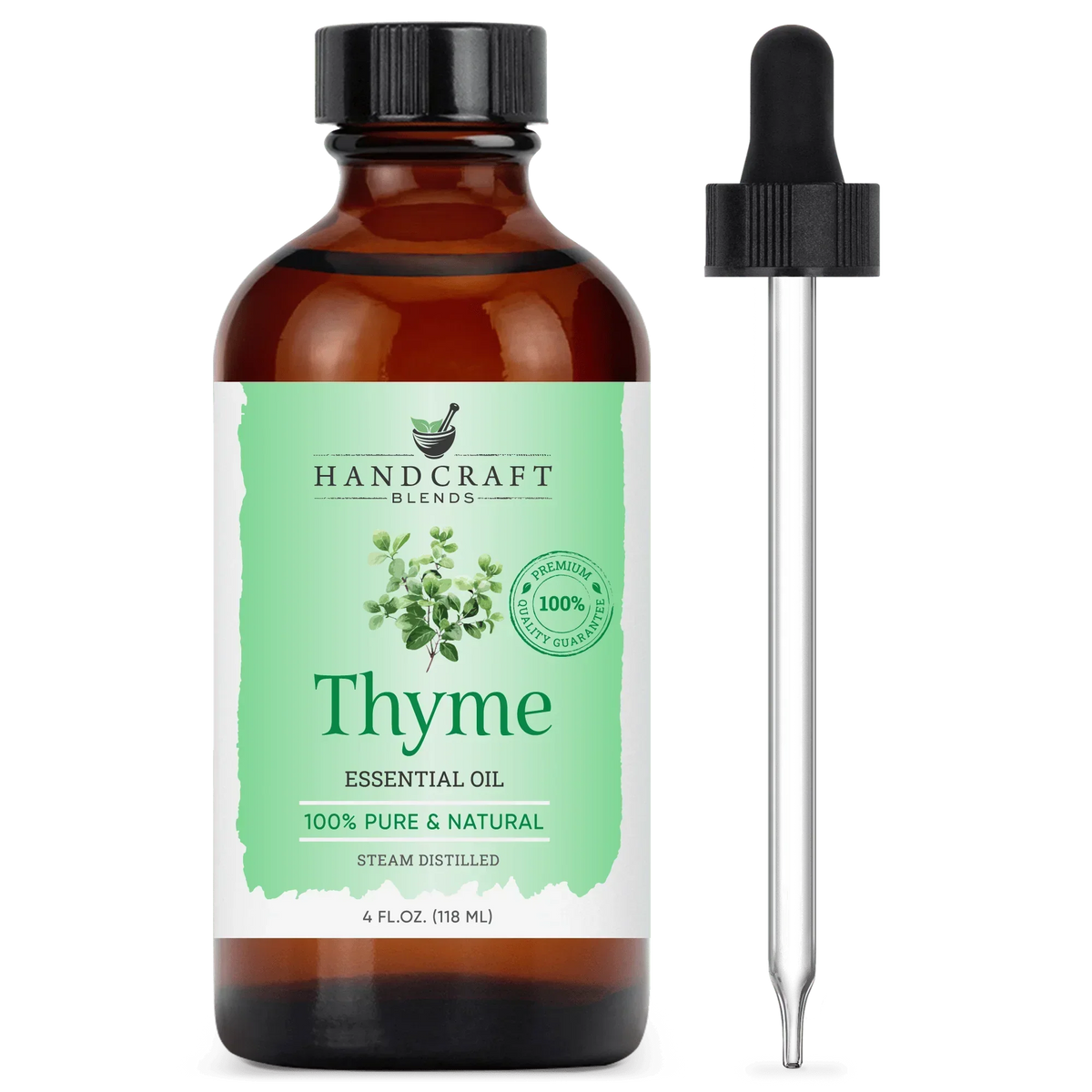4oz amber bottle of thyme essential oil with dropper, labeled 100% pure and natural.