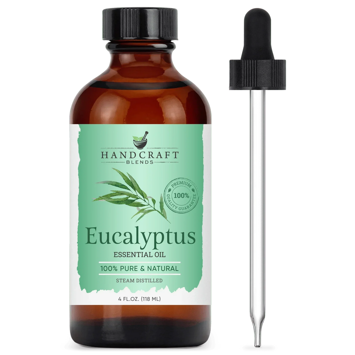 Eucalyptus essential oil 4oz amber bottle with dropper, labeled 100% pure and natural.
