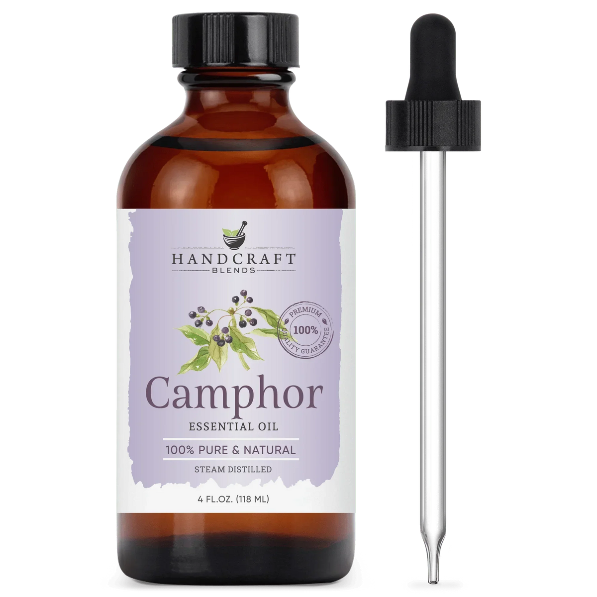 4oz amber glass bottle of camphor essential oil with dropper, labeled 100% pure and natural.