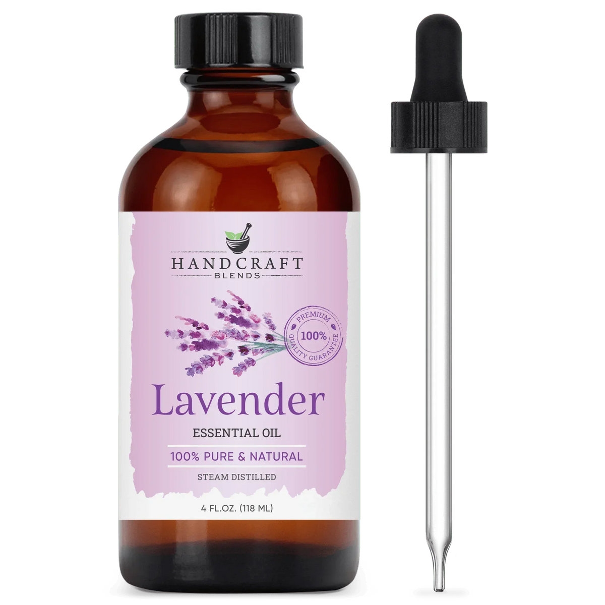 Lavender essential oil 4oz bottle with dropper, labeled 100% pure, natural, steam distilled.