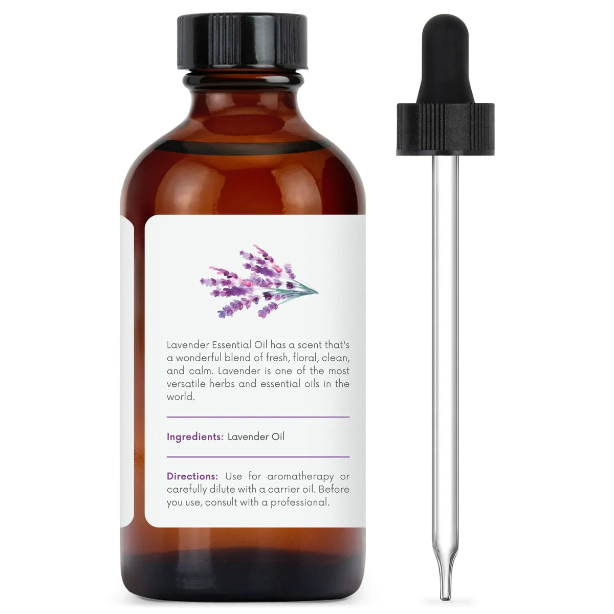 Amber glass bottle of lavender essential oil with dropper and illustrated lavender sprig on label