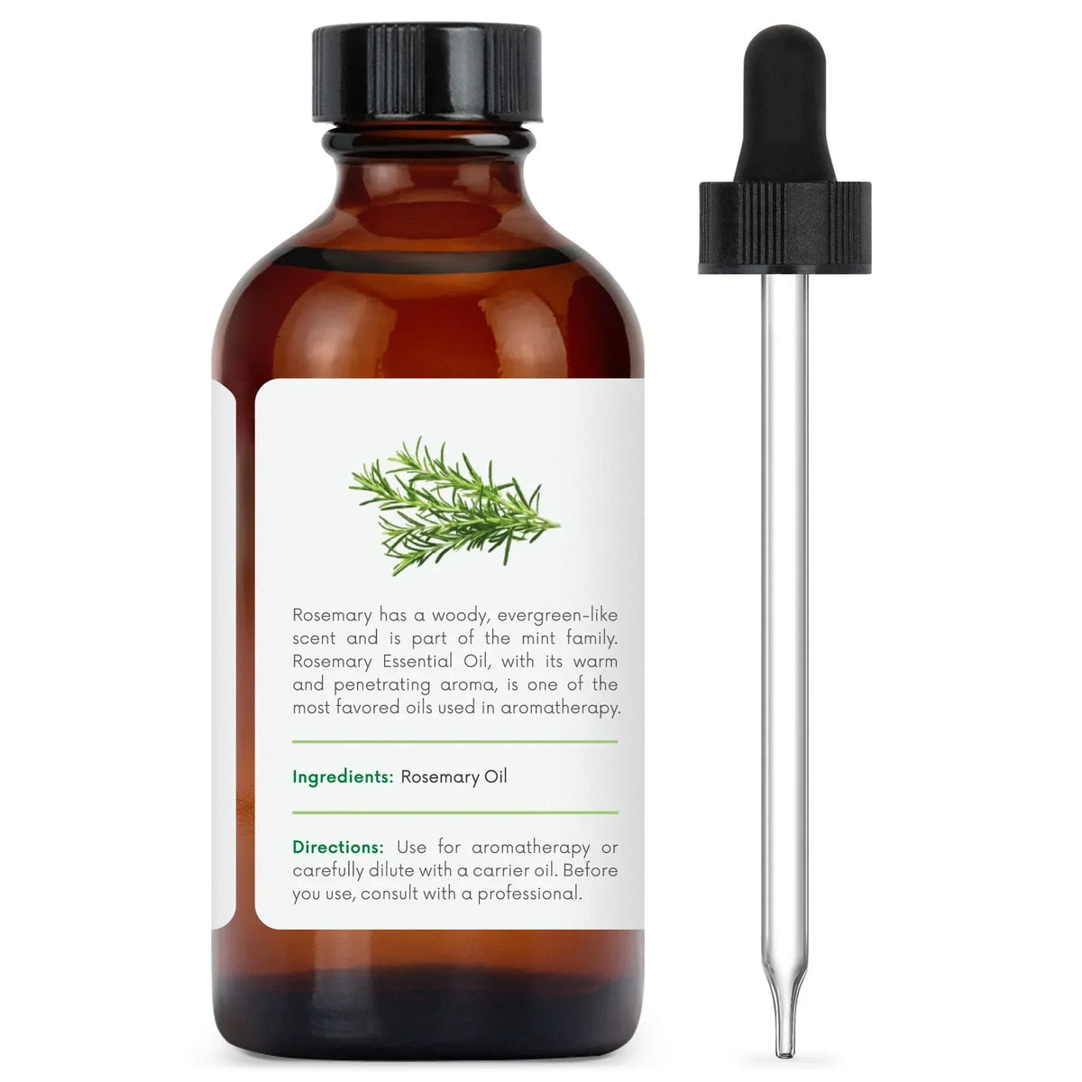 Amber glass bottle of rosemary essential oil with dropper and ingredient label