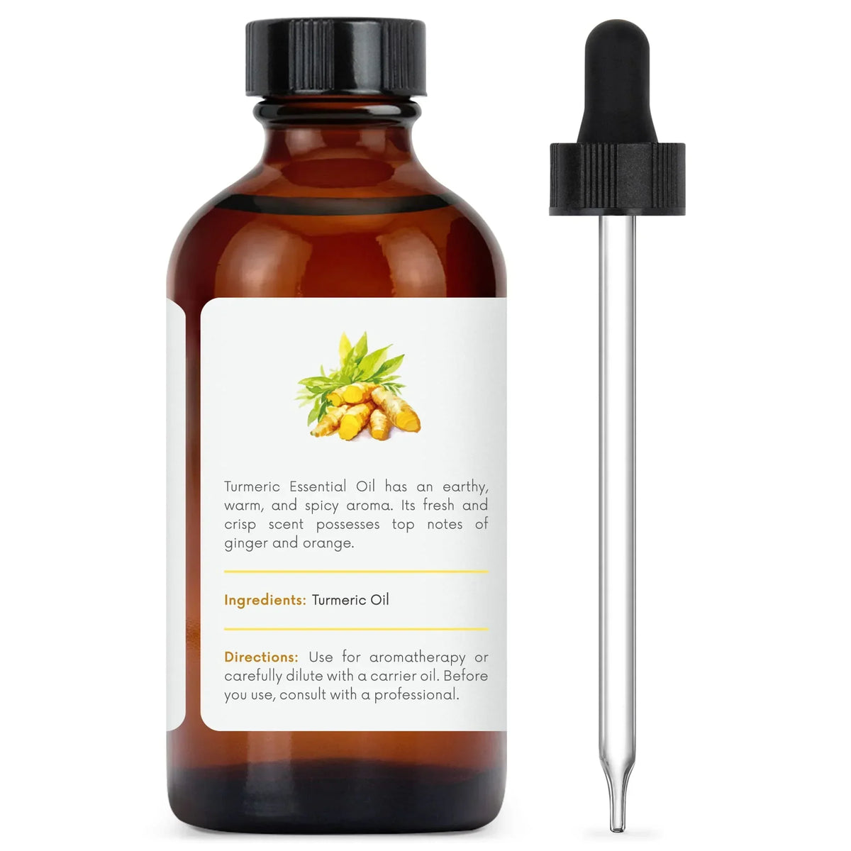 Amber glass bottle of turmeric essential oil with dropper, product label visible