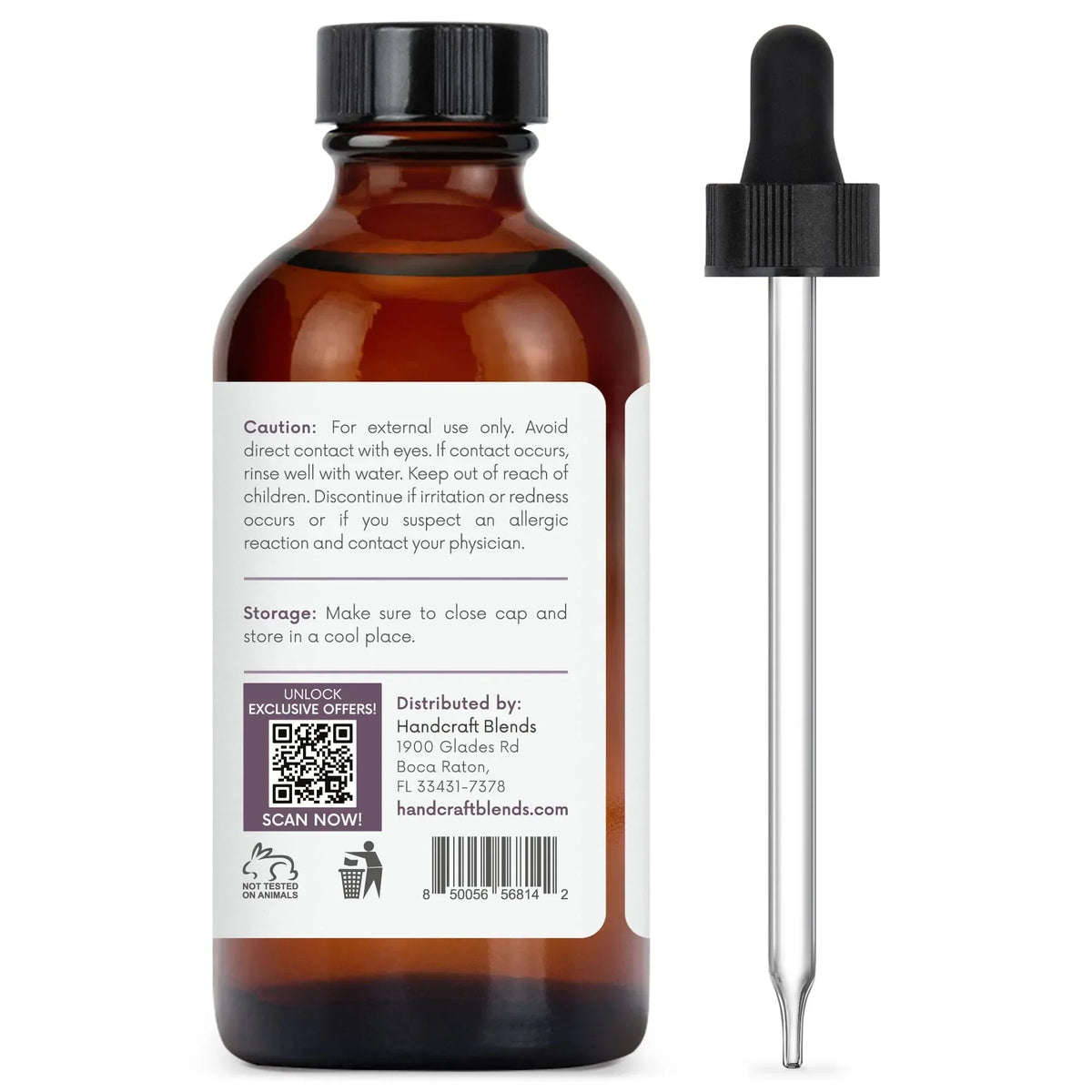 Amber glass bottle with dropper for essential and carrier oils, label showing caution and storage info.