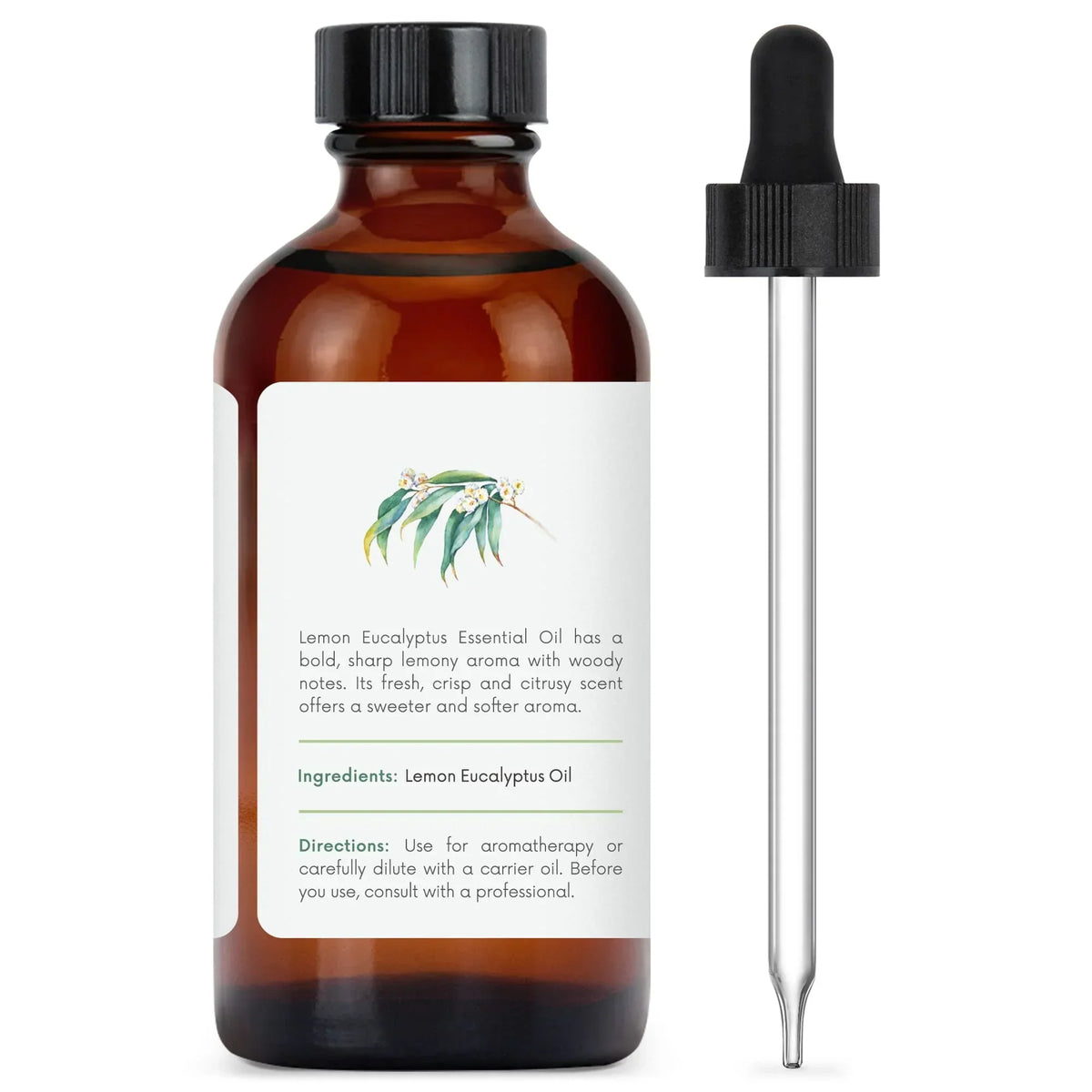Amber glass bottle of Lemon Eucalyptus essential oil with dropper, ingredient label visible