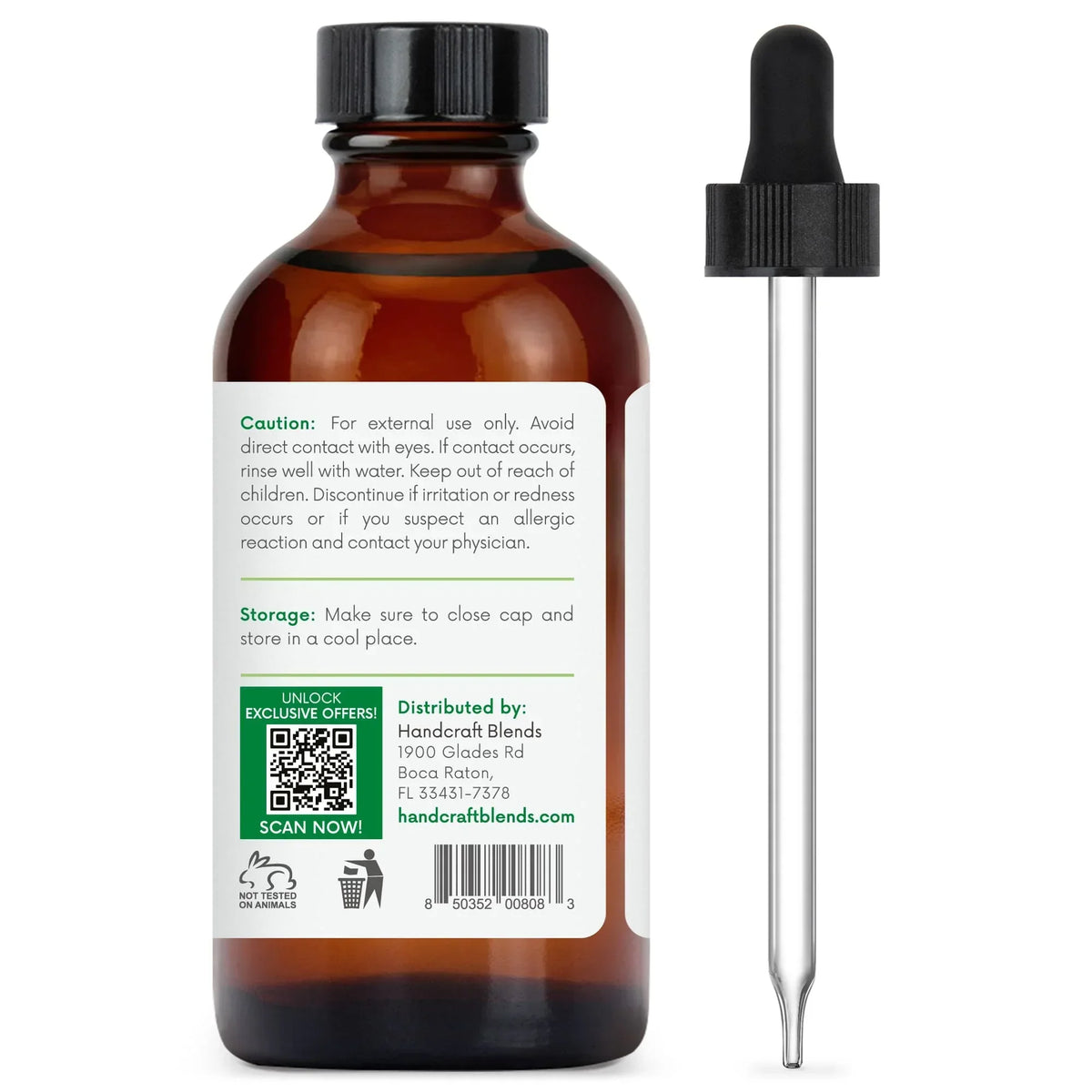 Amber 4oz essential oil bottle with caution label and separate glass dropper