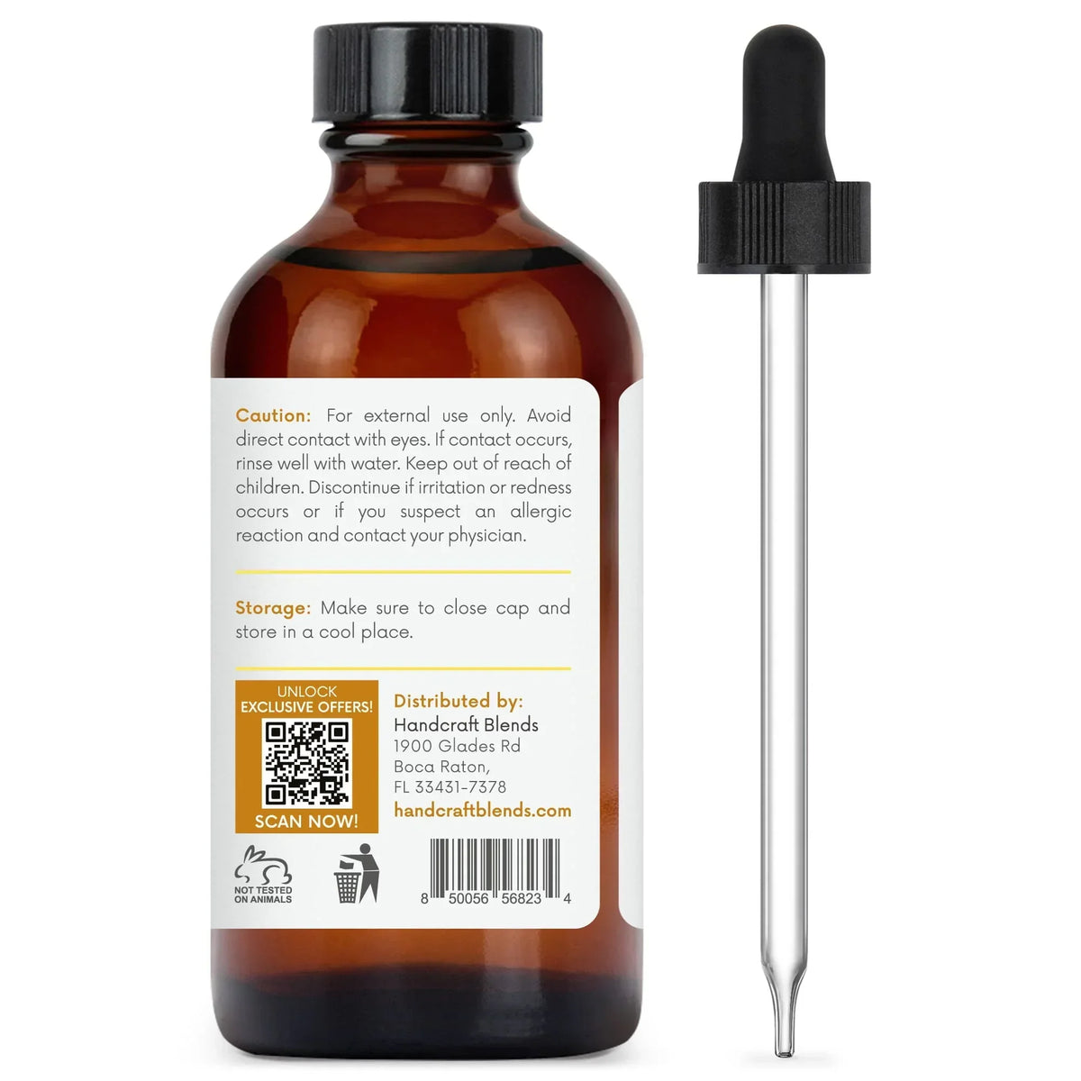 Amber glass essential oil bottle with dropper and product safety label, ideal for aromatherapy.