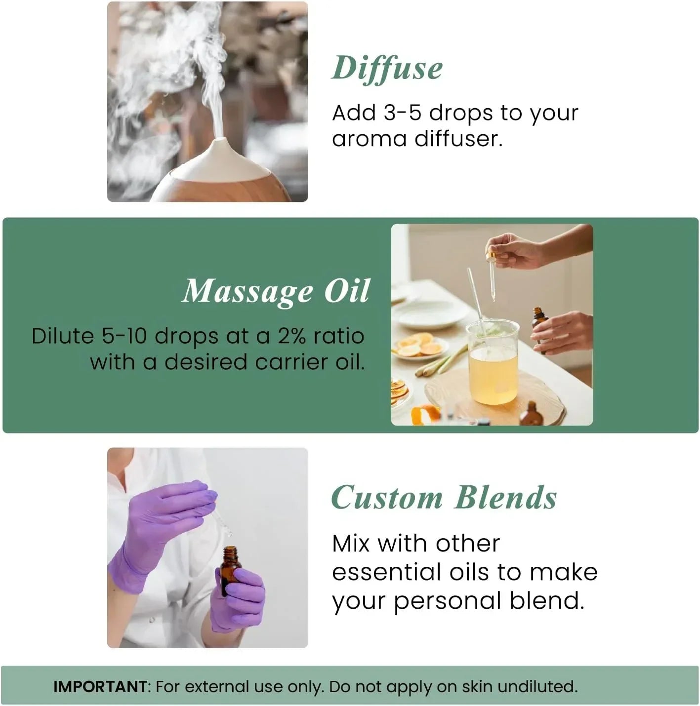 Essential oil usage guide showing diffuser, massage oil mixing, and custom blend preparation
