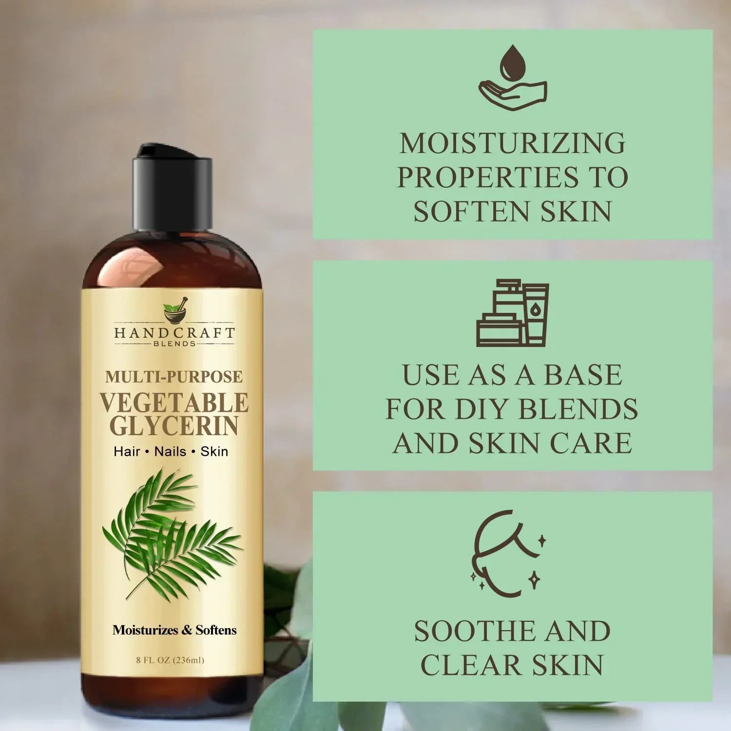 Bottle of multi-purpose vegetable glycerin for hair, nails, and skin with moisturizing benefits