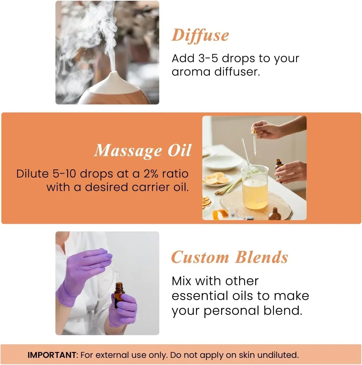 Essential oil usage guide with diffuser, massage oil mixing, and custom aromatherapy blends